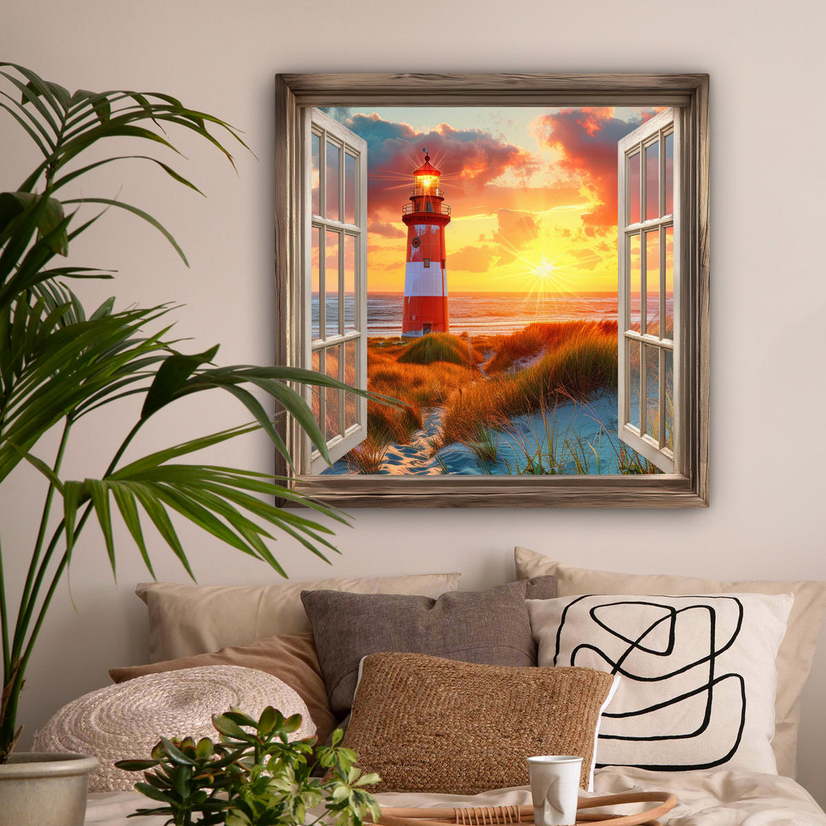LEINWANDBILD Aussicht - Fenster - Leuchtturm - Sonnenuntergang - Strand Deko Groß 90x90 cm - Dunkelorange, Textil (90/90cm) - MuchoWow