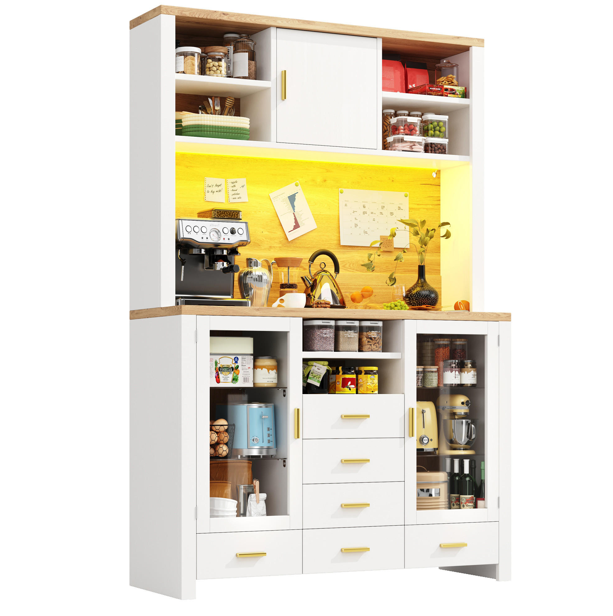 Redom BUFFET 120/40/180 cm s LED osvětlením, velkým úložným prostorem a antiklopným systémem, Bílá/Dekor dřeva
