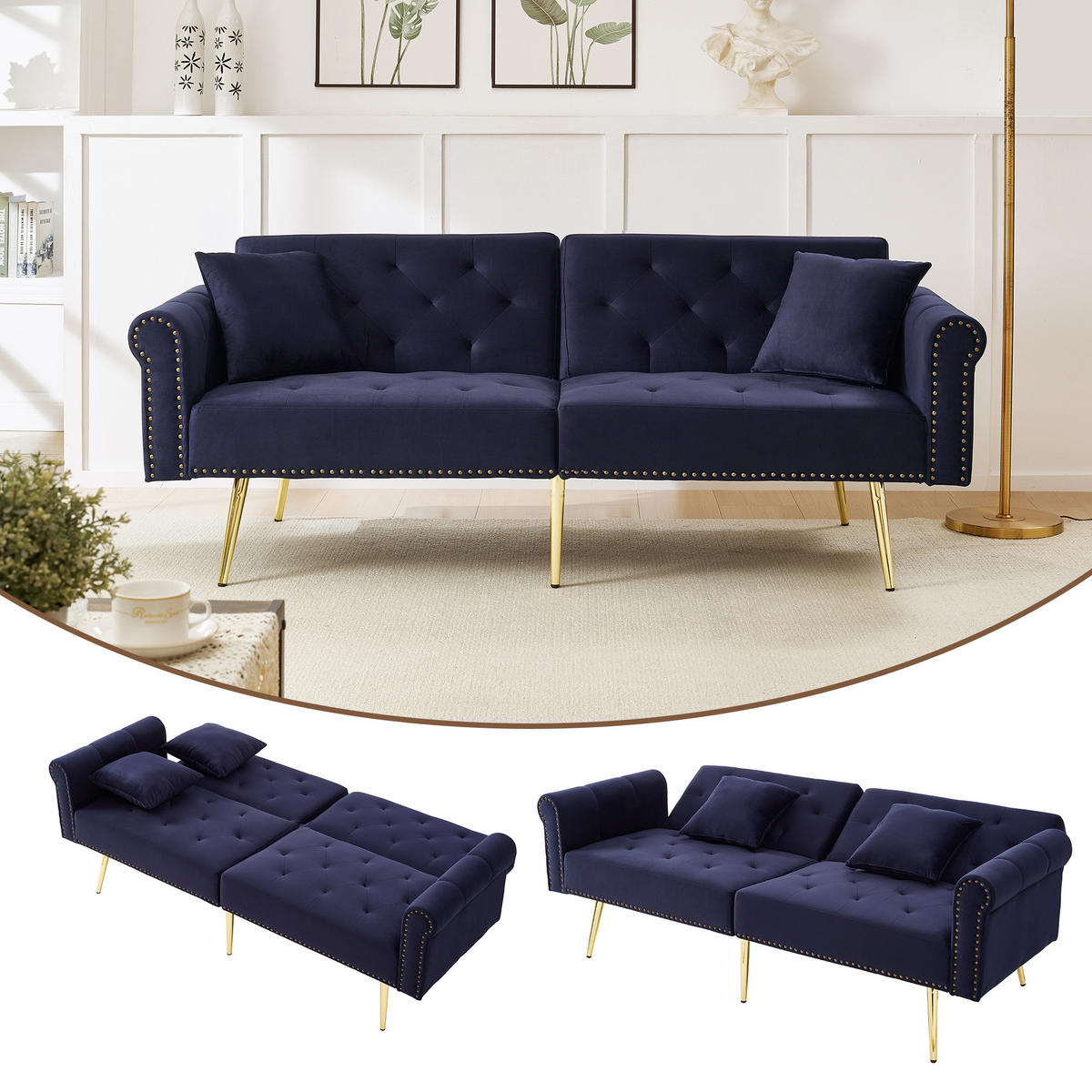 SCHLAFSOFA 2-Sitzer Samt mit 3-stufig verstellbarer Rückenlehne Antikblau 173/75/70 cm - Blau, Textil (70/173/75cm) - Redom