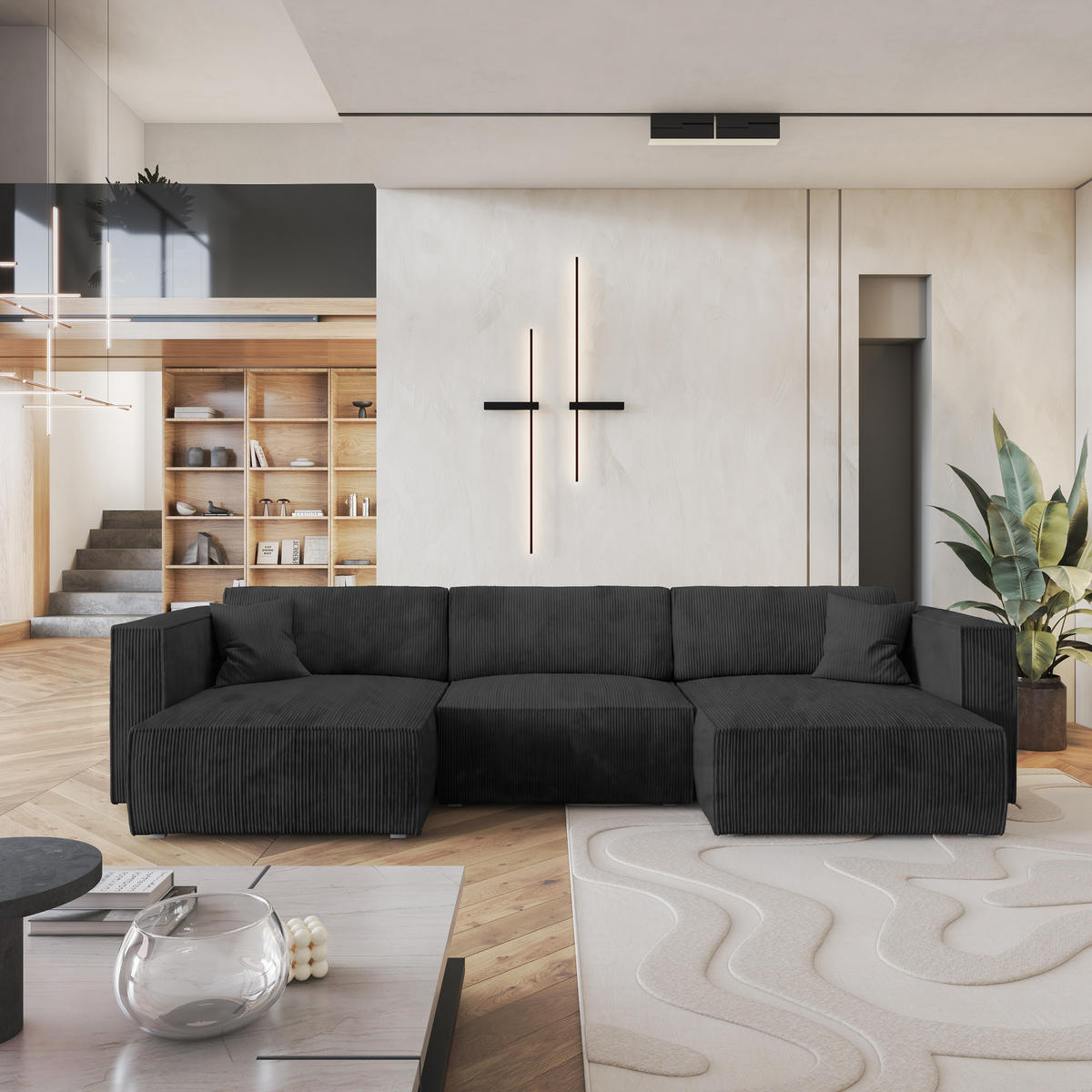 ROHOVÁ SEDAČKA SARMO černá - šedá/černá, dřevo/textil (347/148cm) - MASSENO