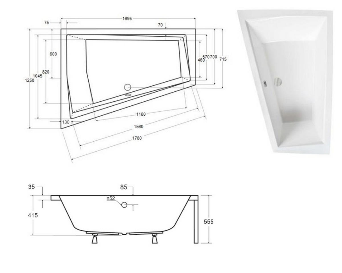 BADEWANNE Eckwanne INTIMA 170/125 Links + Schürze + Kopfstütze Ablauf Füße - Weiß, Kunststoff (125/55.5/170cm) - bad land