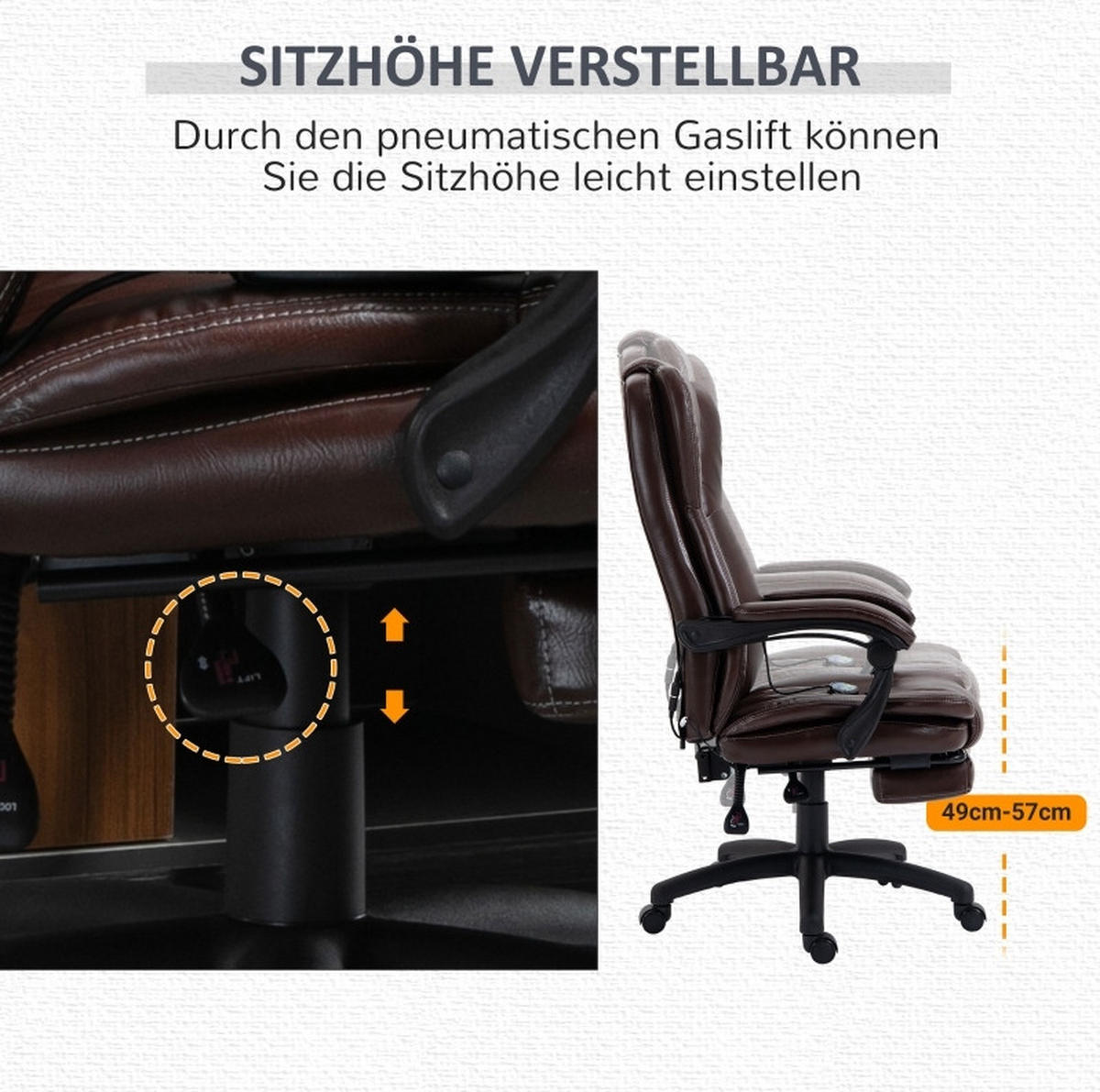 BÜROSTUHL in Braun 68,5x68,5x121 cm mit Massagefunktion, verstellbarer Rückenlehne und Fußstütze - Braun, Kunststoff (68.5/121/68.5cm) - IVMEU