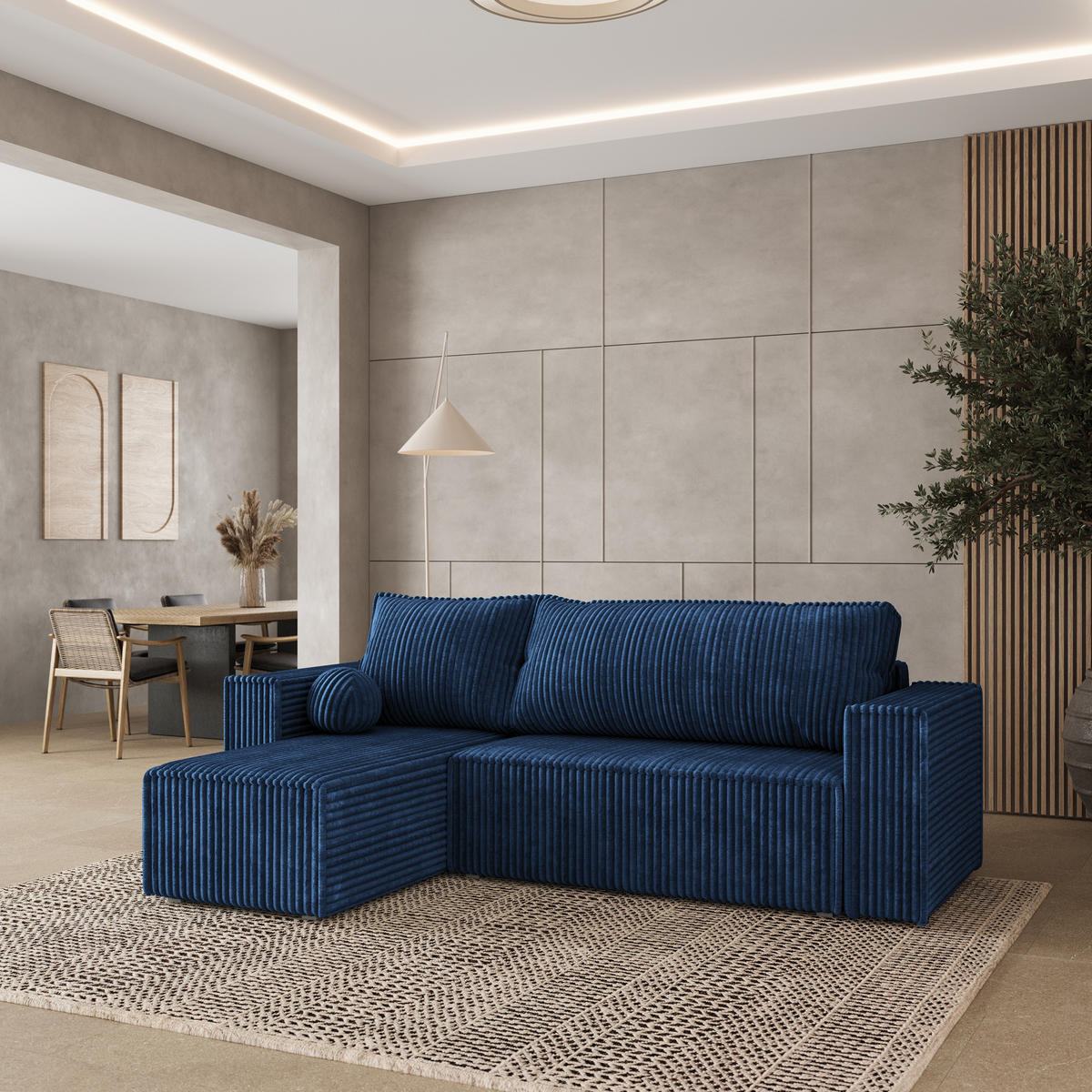 ECKSOFA RAVELO T Blau Kordstoff mit Schlaffunktion - Blau, Holz (240/140cm) - MASSENO