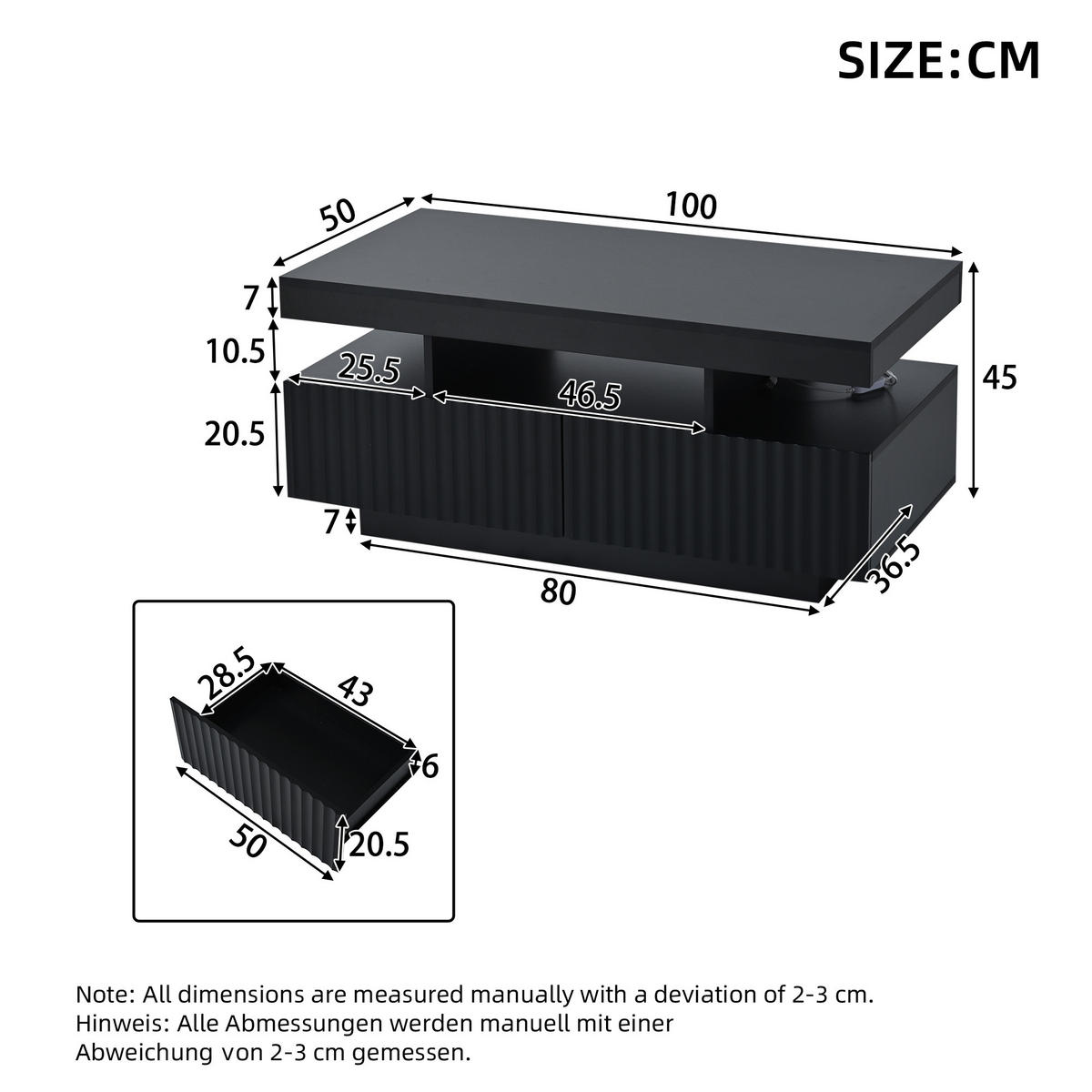 COUCHTISCH 100/50/45 cm Schwarz mit 2 Schubladen und LED-Beleuchtung - Schwarz, Holzwerkstoff (100/50/45cm) - OKWISH