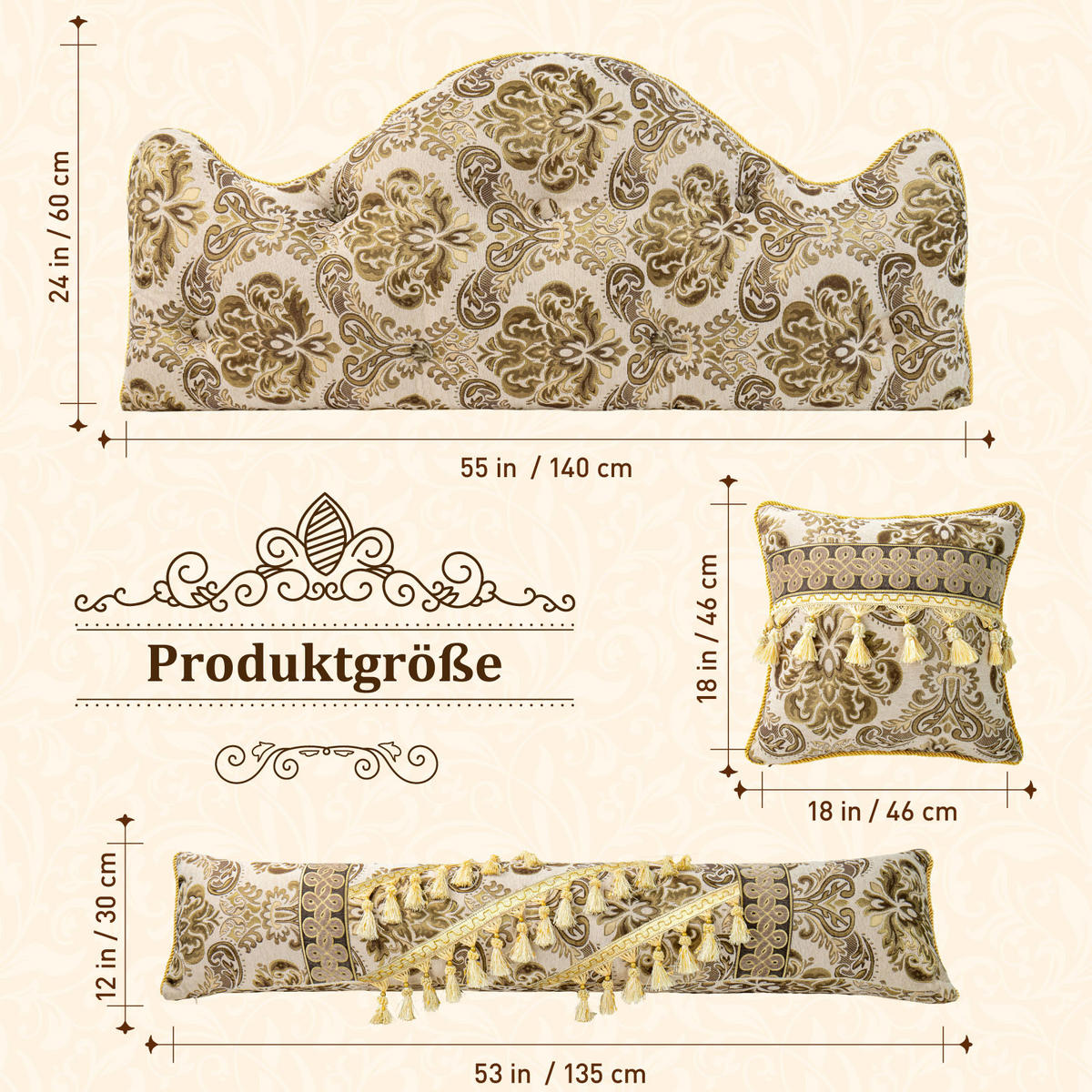 NACHTTISCHKISSEN Goldene Blume Beige 60*140cm 3er-set - Beige, Textil (15/140cm) - Vercart