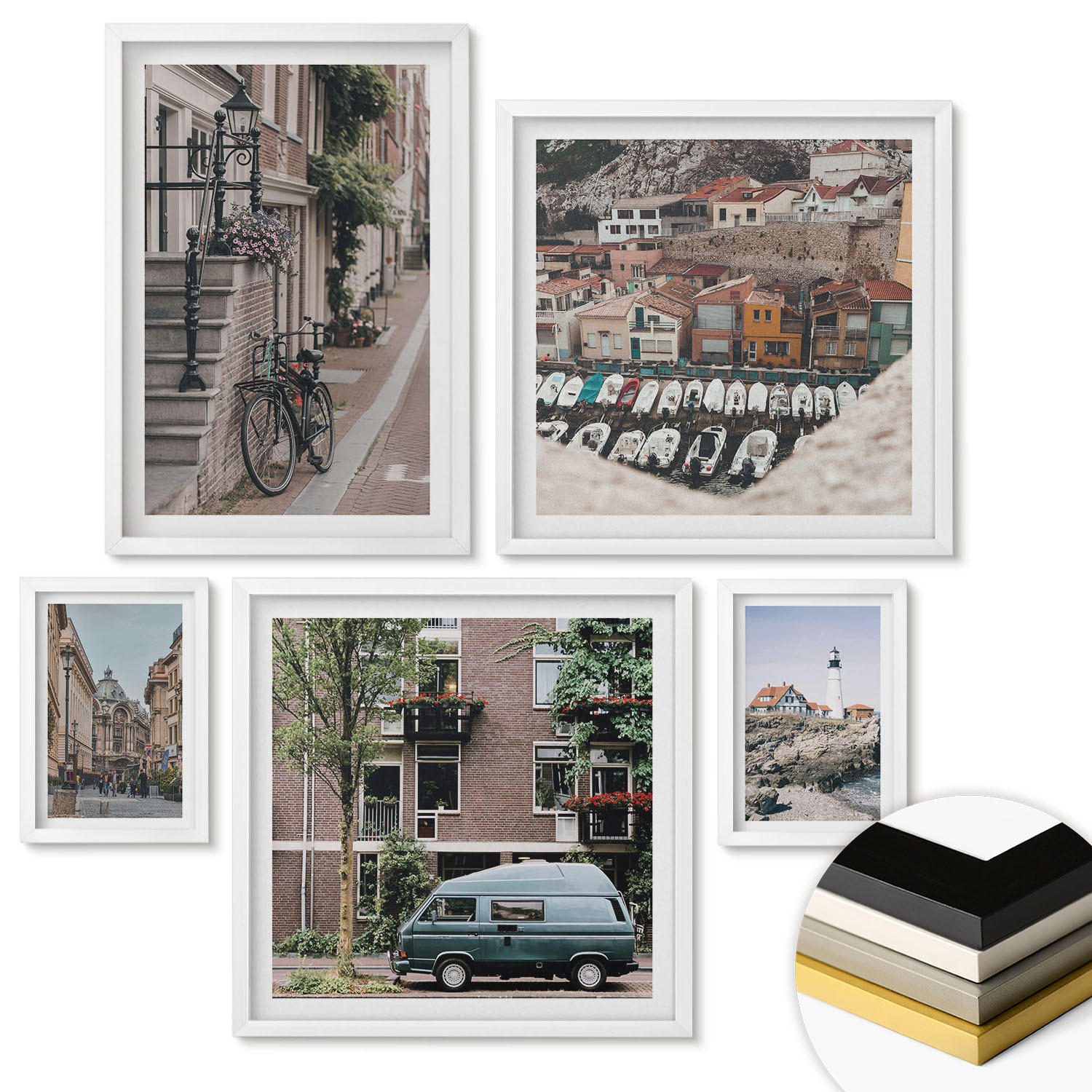 WANDBILDER 5er-Set - 50x50 cm & 20x30 cm & 40x60 cm Weißer Rahmen - Elegante Muster auf Steinen - Weiß, Kunststoff (40/60cm) - ArtPrintCave