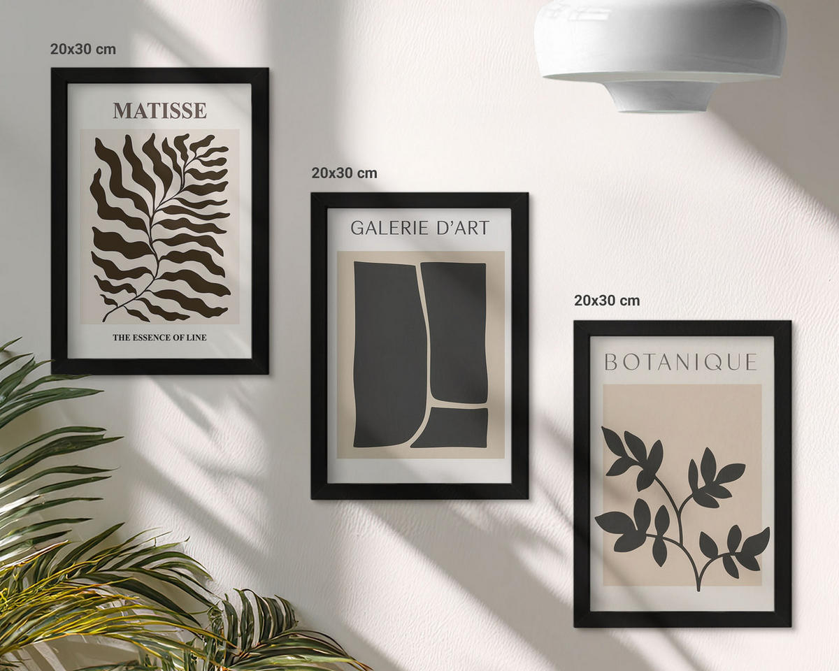 BILDER SET 3er Set - 20x30 cm Schwarzer Rahmen - Minimalistische Pflanzenposter - Schwarz, Kunststoff (20/30cm) - TULUP