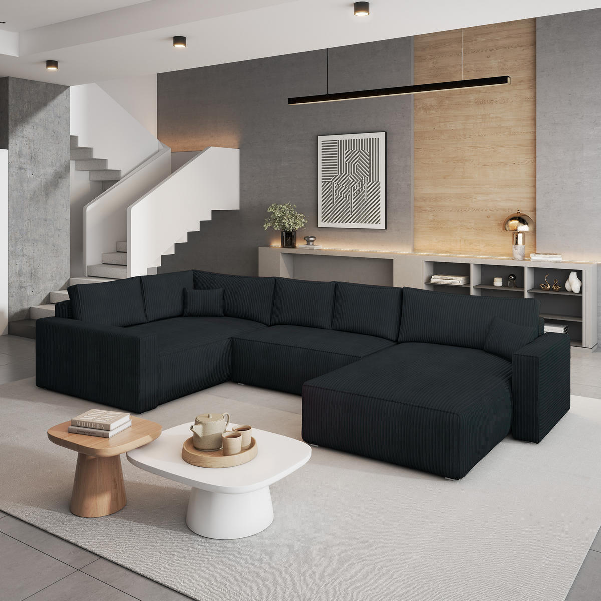 WOHNLANDSCHAFT VELAMI L-S Schwarz Kordstoff mit Schlaffunktion - Schwarz, Holz (365/83/194cm) - MASSENO