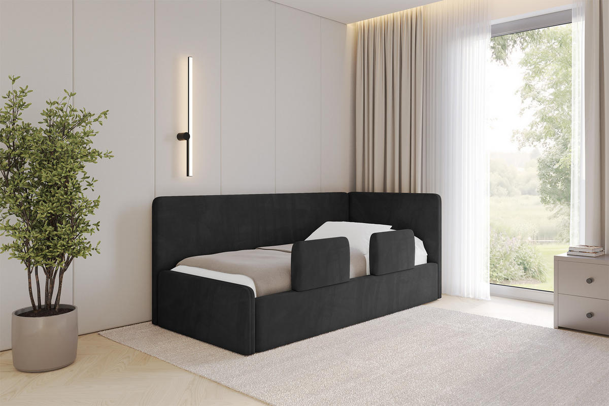 EINZELLBETT Jugendbett mit Bettkasten, Links - NORY 80x200 Schwarz - Schwarz, Holzwerkstoff/Textil (80/200cm) - ALTDECOR