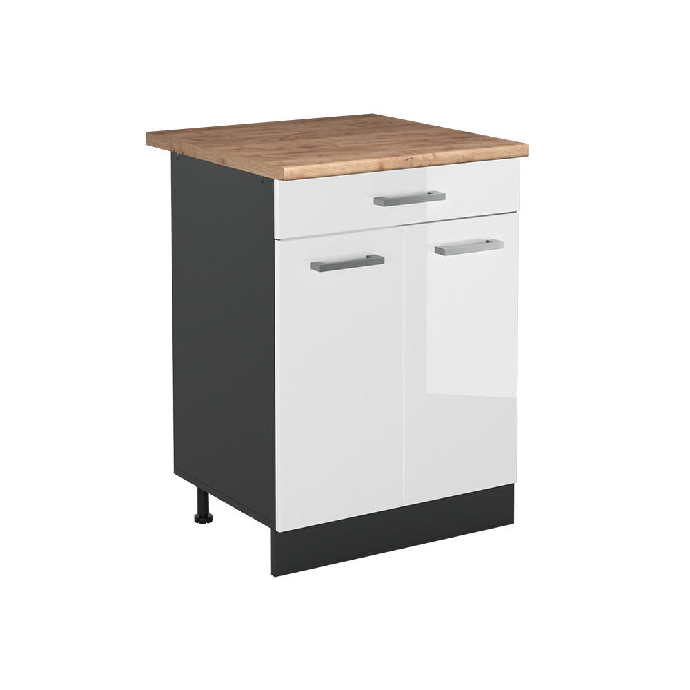 KÖKSUNDERSKÅP R-Line, Vit högblank/antracit, 60 cm med låda Auksinis ąžuolas stalviršis Vit högglans, Antracit 81.6/60/60 cm