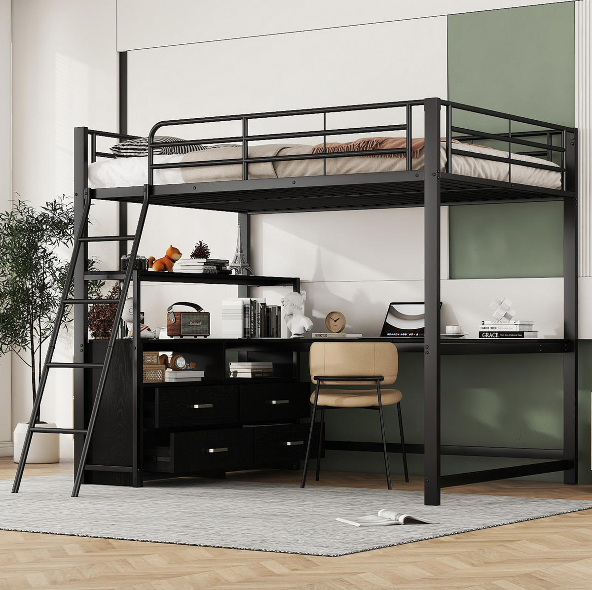HOCHBETT 140/200 cm Schwarz aus Metall und MDF mit L-förmigem Schreibtisch - Schwarz, Metall (140/200cm) - OKMYHOME