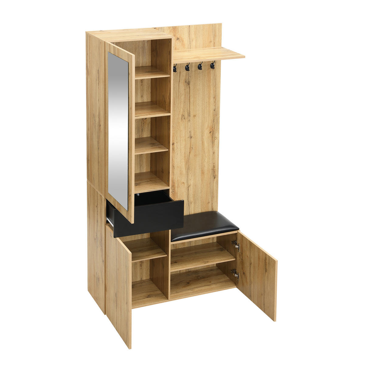 DIELENGARDEROBE mit Spiegel und Schuhablage 98,5/38/191 cm in Schwarz/Natur - Schwarz, Holzwerkstoff (98.5/191/38cm) - BEAOK
