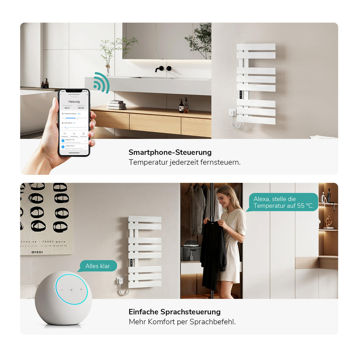 HANDTUCHHEIZKÖRPER Elektrisch mit Thermostat, App- und Sprachsteuerung Weiß 85/40 cm - Weiß, Metall (40/85/11cm) - EMKE