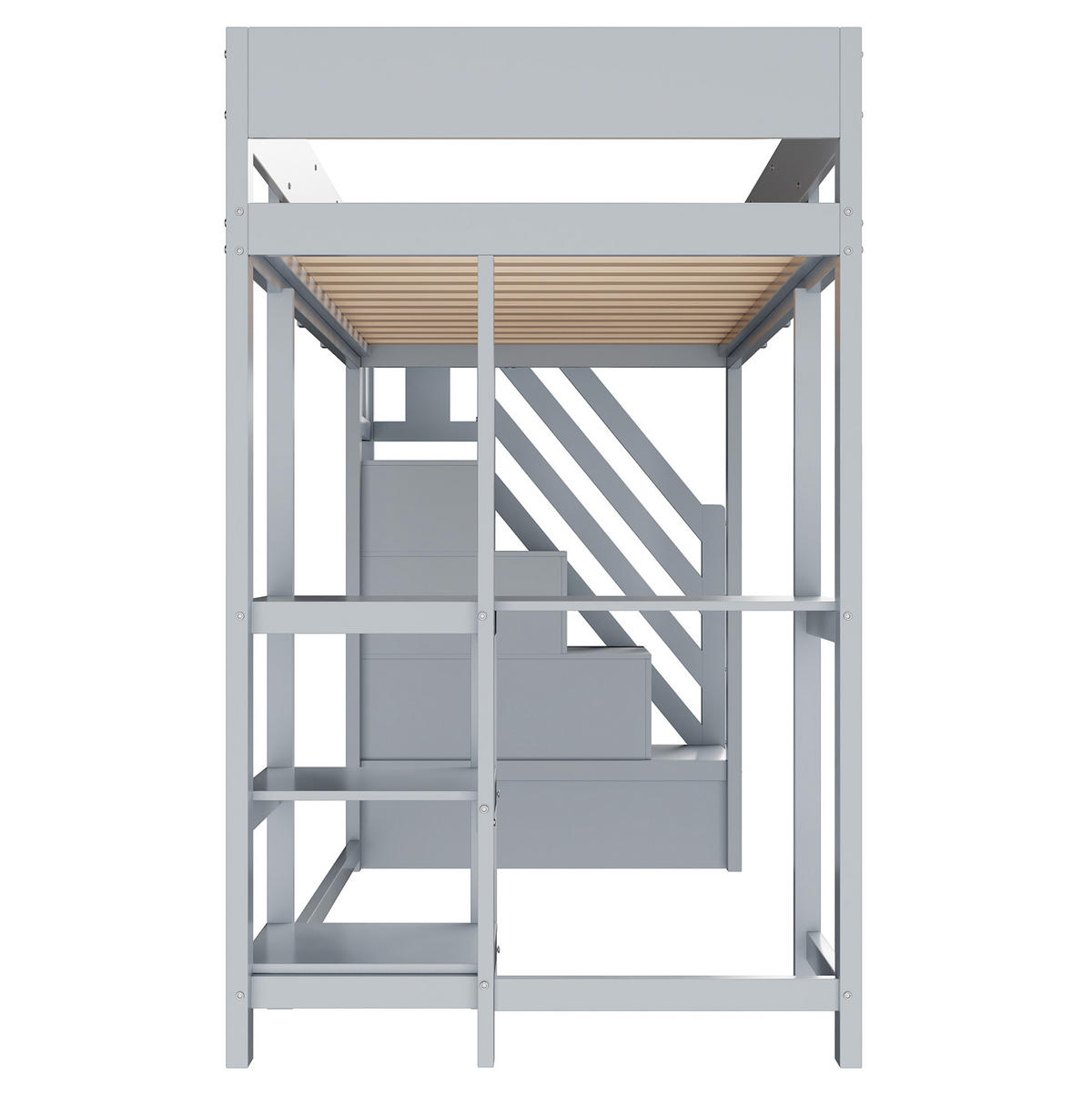 HOCHBETT aus Kiefernholz 90x200 cm Grau mit Stauraumtreppe, Ablageregal und Rundum-Schutzgittern - Grau, Holzwerkstoff (90/200cm) - Modfu