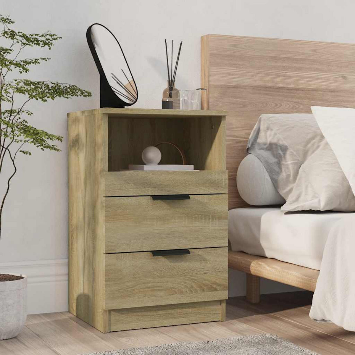 NACHTTISCH 2-teilig mit 2 Schubladen 40/36/65 cm aus Holzwerkstoff in Sonoma-Eiche Dekor - Beige/Schwarz, Holz/Holzwerkstoff (40/65/36cm) - vidaXL