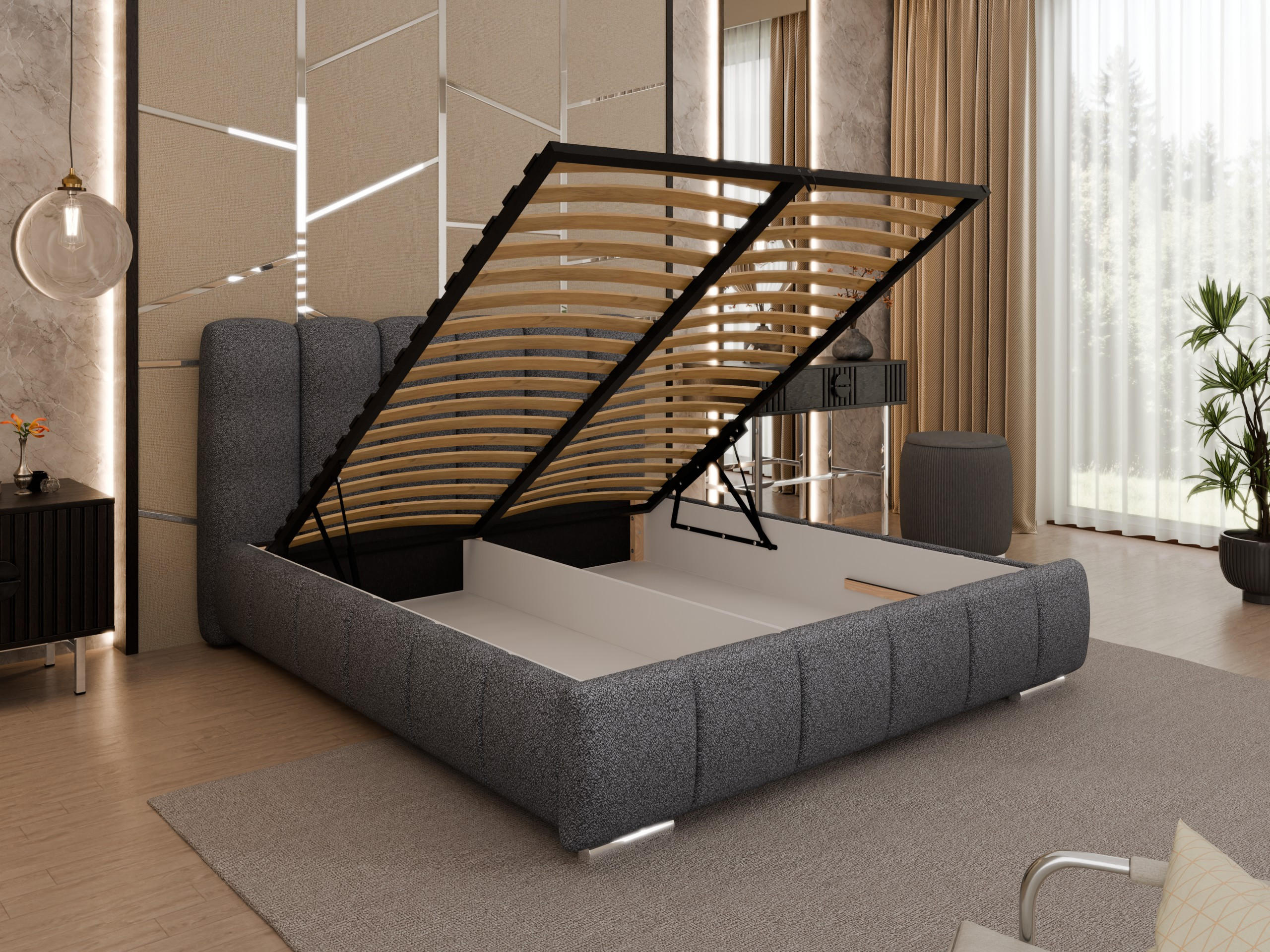 POLSTERBETT ZAIRA 160 x 200 cm mit Bettkasten und Lattenrost, 7-Zonen-Taschenfederkernmatratze CIRA (24 cm) – Schwarz - Schwarz, Holz (140/200cm) - Panda Möbel