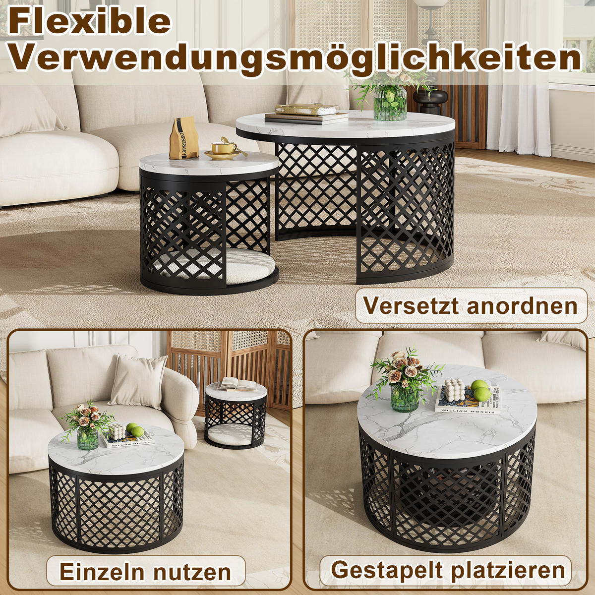 COUCHTISCH 2er Set 70/70/45 cm in Weiß und Schwarz aus MDF mit Haustierbereich - Schwarz/Weiß, Holzwerkstoff/Metall (70/70/45cm) - CHICFURN