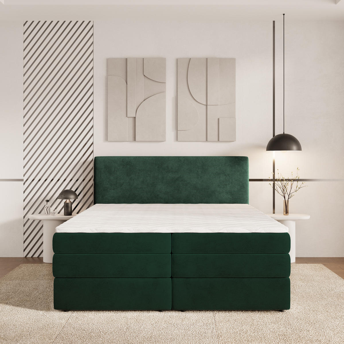 BOXSPRINGBETT MATERN 140x200 cm mit Matratze und Topper - Grün - Grün, Holz (140/200cm) - MASSENO