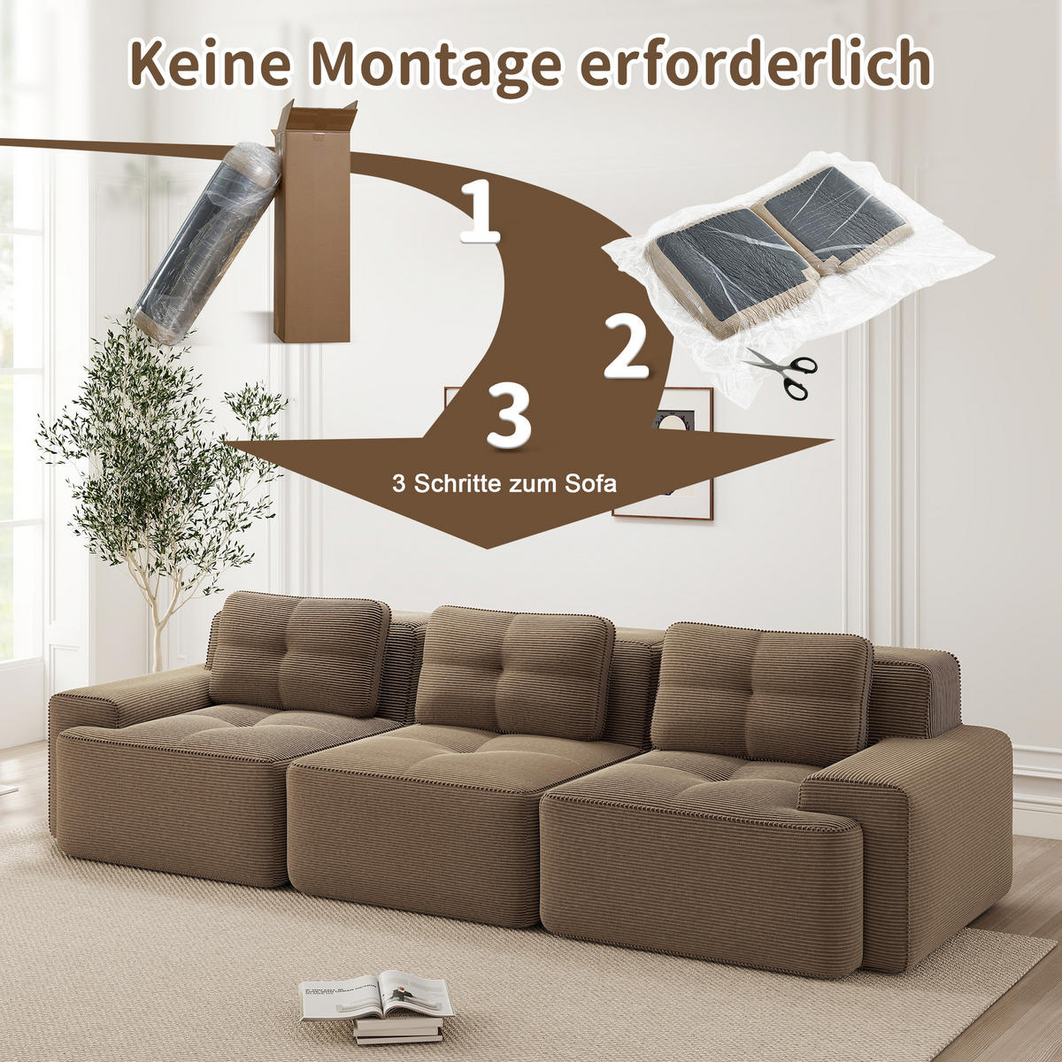 3-SITZER SOFA Modulares Boneless Cloud-Sofa Cord Braun Tiefsitz - Braun, Textil (293/69/104cm) - Urban Meuble