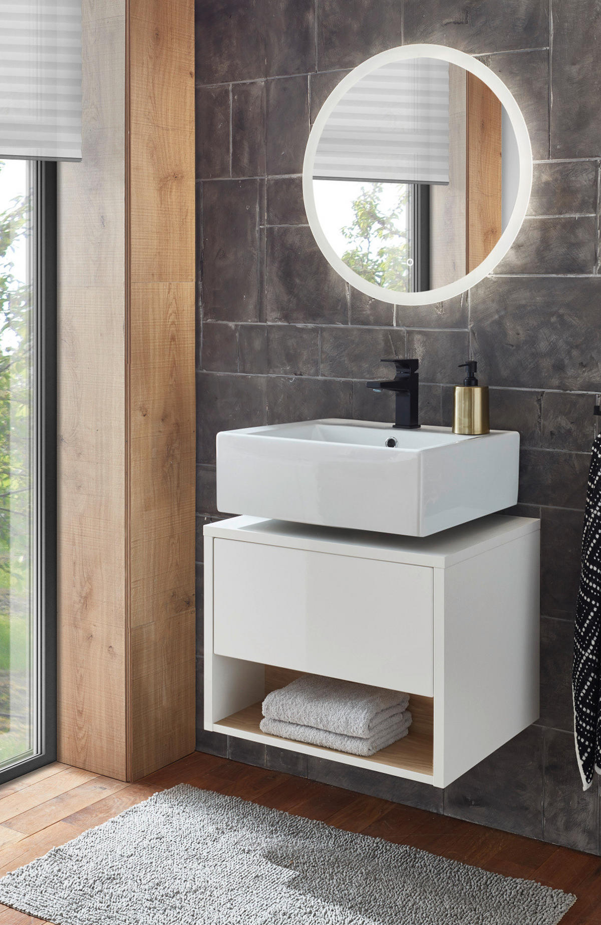 BADMÖBEL-SET 2-teilig weiß Hochglanz, Eiche, Badmöbel mit LED Beleuchtung 60 cm - Weiß Hochglanz, Glas/Holzwerkstoff (60/190/46cm) - Furn.Design