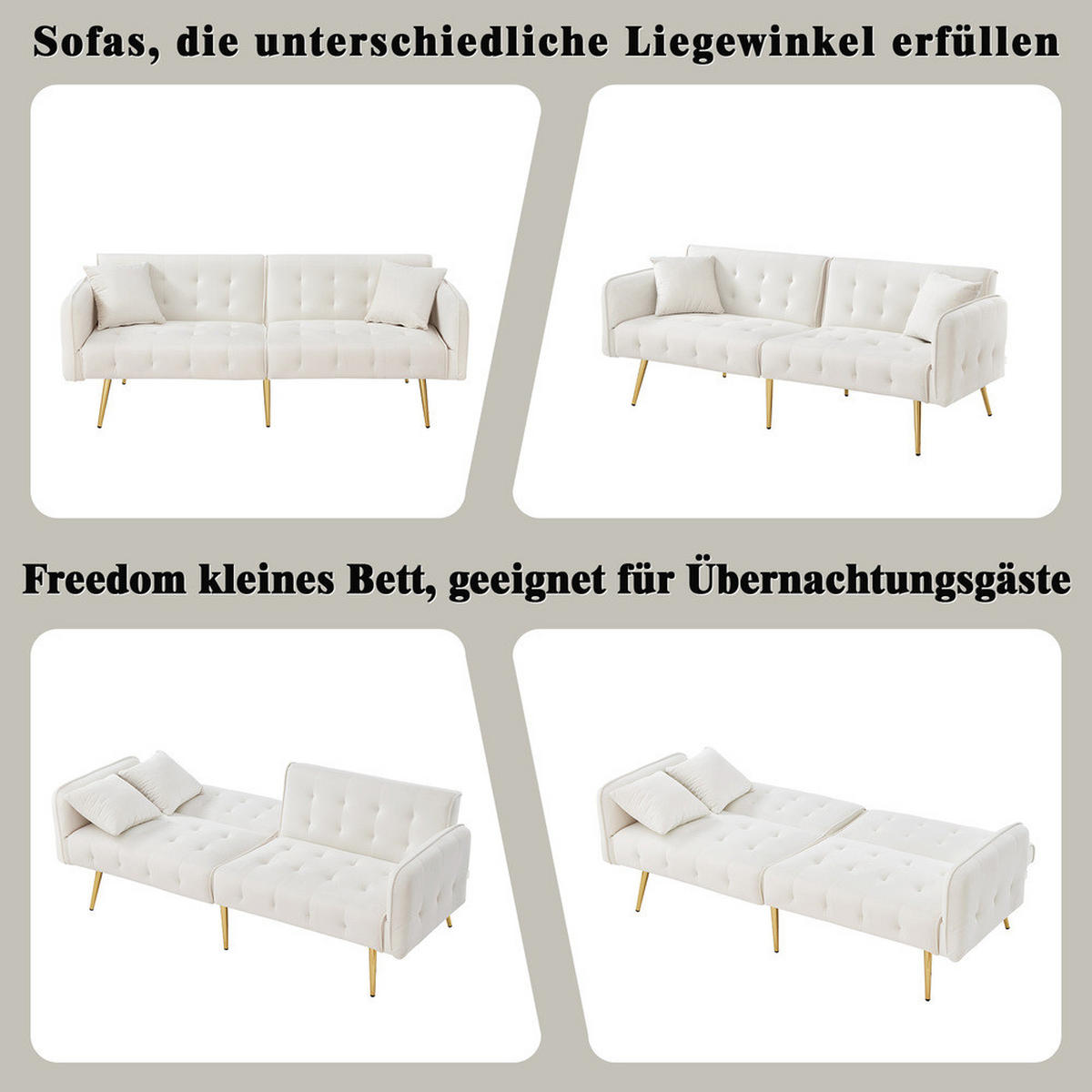 SOFA Zweisitzer Sofabett Velours Verstellbare Lehne Großzügig Schlaffunktion - Weiß, Holz (89.92/18.03/80.52cm) - FLIEKS