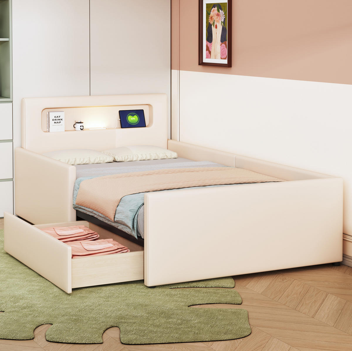 DETSKÁ posteľ 90/200 cm béžová z umelej kože s nočným svetlom USB a úložnými zásuvkami - béžová, textil (90/200cm) - OKWISH