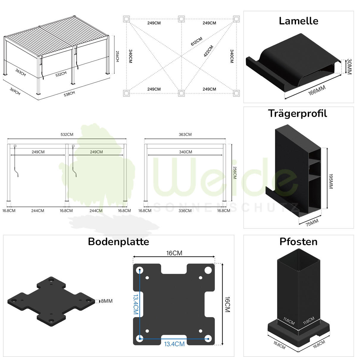 PERGOLA Deluxe Pavillon Terrassenüberdachung Aluminium 3,6 x 5,3 m anthrazit - Anthrazit, Metall (360/255/530cm) - WEIDE