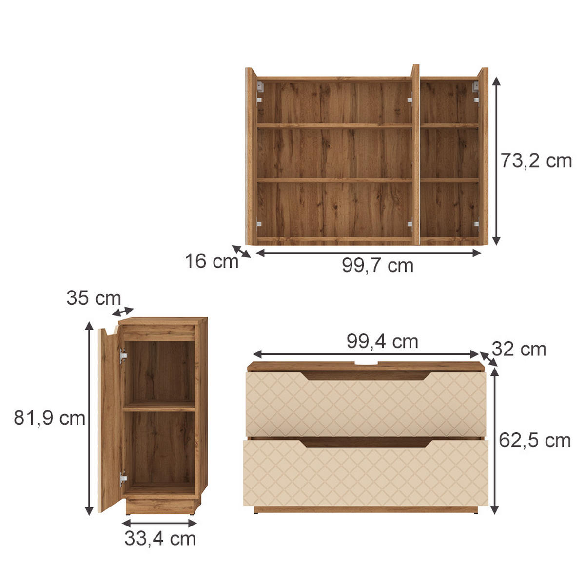 BADMÖBEL-SET Lotta Eiche/Kaschmir mit Kachelstruktur 3 Teile - Kaschmir/Eichefarben, Holzwerkstoff (99.4/62.5/32cm) - Vicco