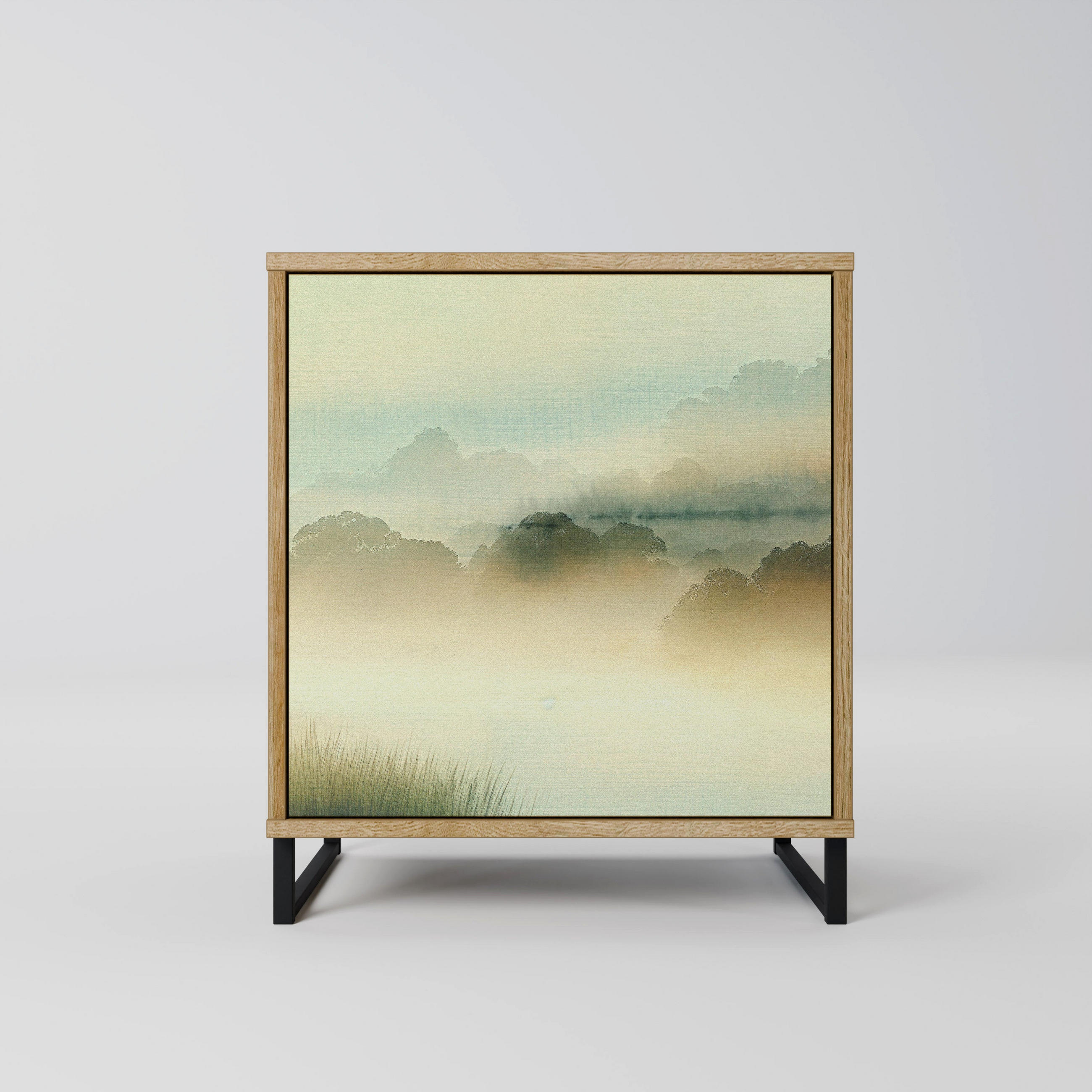 SIDEBOARD MORNING BY THE LAKE, Eichefarben, 57,5x42x67,5 cm, Schwarze Metall-Rahmenfüße - Eichefarben/Multicolor, Holzwerkstoff/Metall (57.5/67.5/42cm) - SpaceRebels