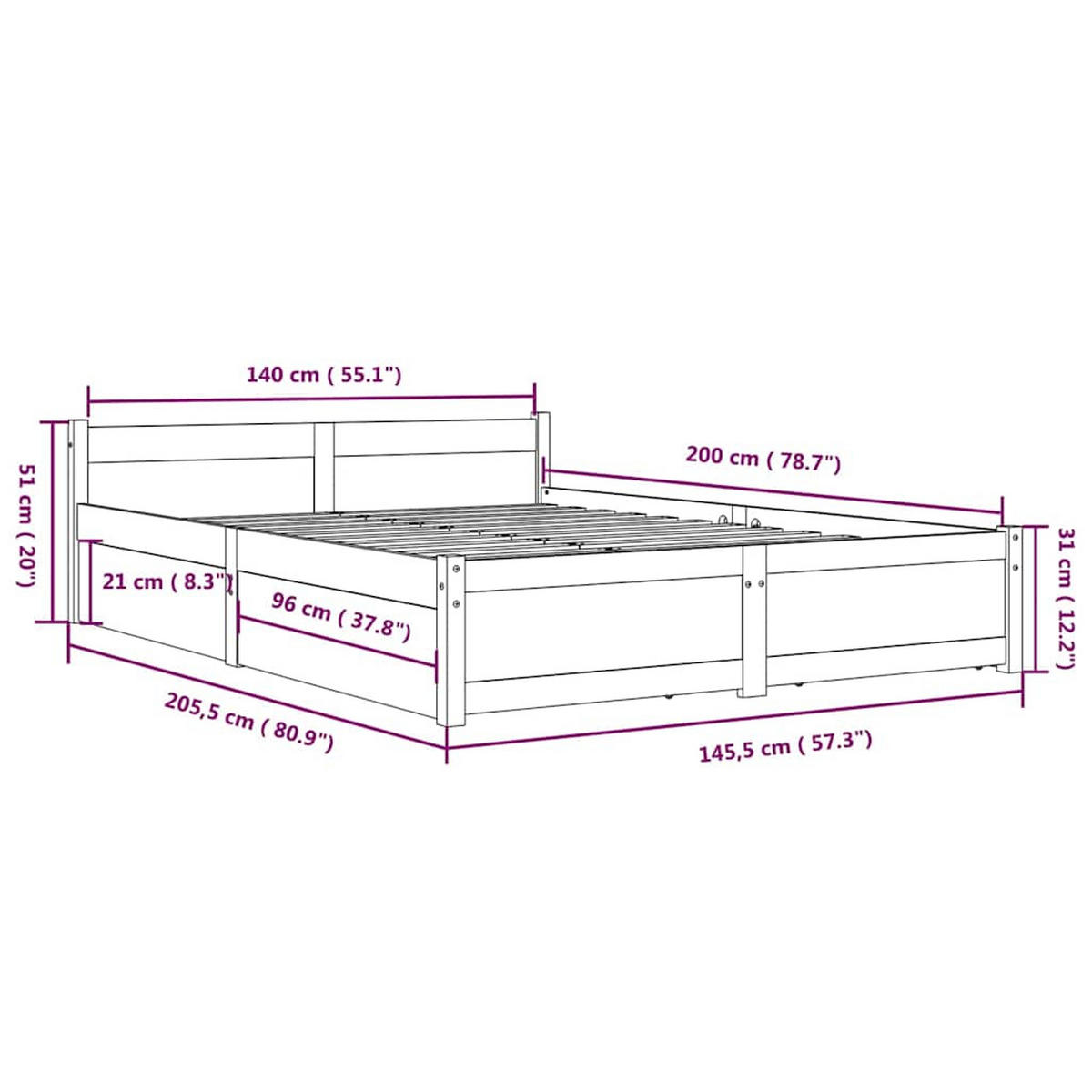 BETT Mit Schubladen 140/200 Cm - Braun, Holz (140/200cm) - vidaXL