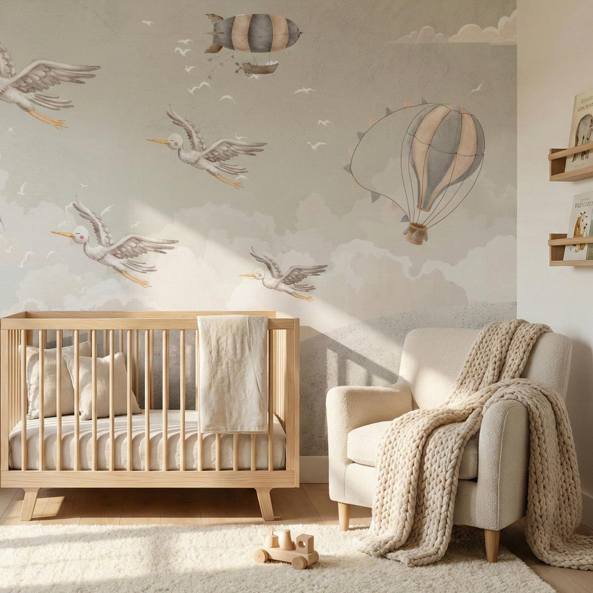 FOTOTAPETE für Kinderzimmer Boho Störche Aquarell Balon Luftschiff Himmel 450x315 - Beige/Weiß, Papier (450/315cm) - Muralo