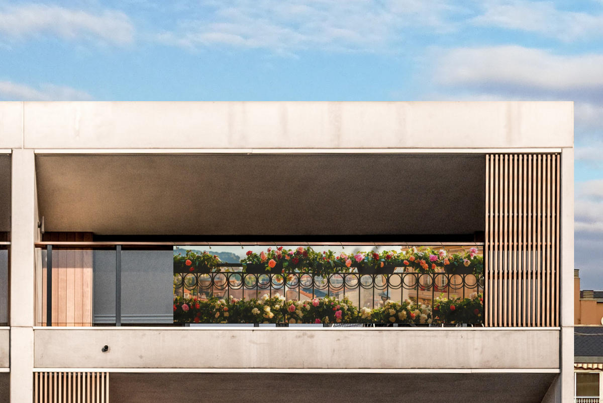 BALKON-SICHTSCHUTZ Blumen - Zaun - Stadtbild - Sommer - Pink, Kunststoff (300/80cm) - MuchoWow