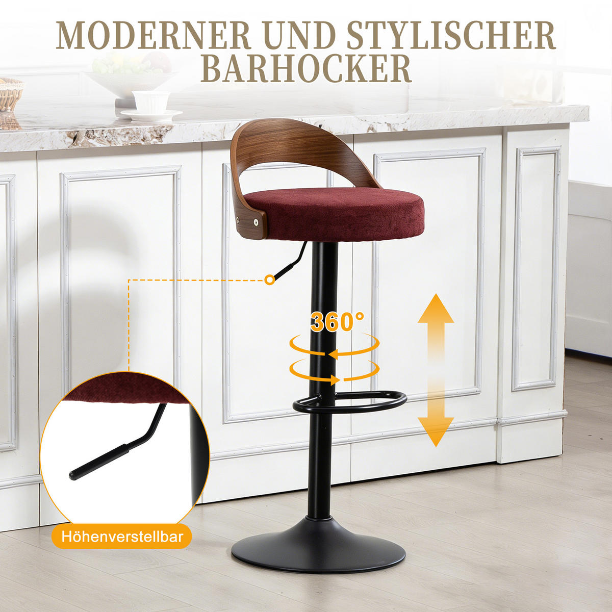 BARHOCKER 2er-Set Weinrot Drehbar Höhenverstellbar mit Armlehnen und PU-Leder - Weinrot, Textil (42.5/77/42cm) - PANGIVO