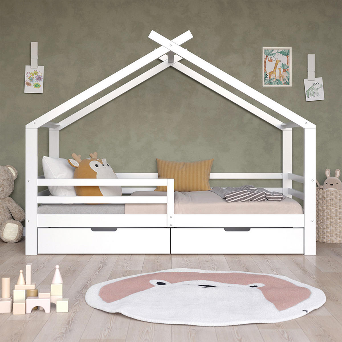 HAUSBETT Luni Weiß 200 x 90 cm mit zwei ausziehbaren Aufbewahrungskästen - Weiß, Holz - VitaliSpa