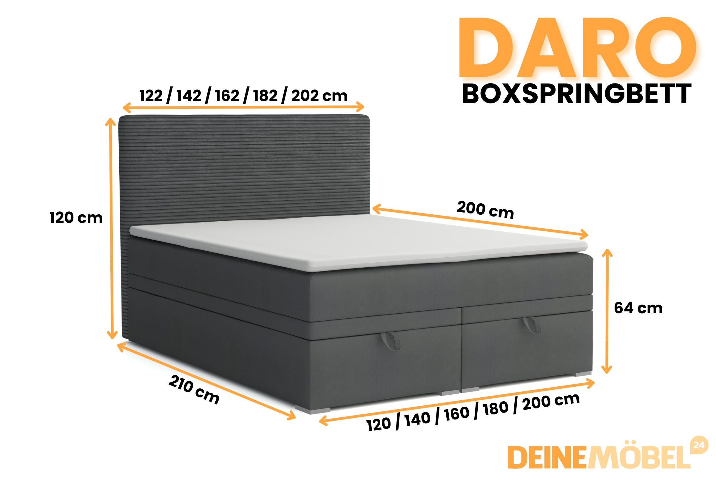 Thumbnail - Deine Möbel 24 Boxbett, Dunkelgrau, Textil, H4, Höhe ca. 19 cm, 120x200 cm, Schlafzimmer, Betten, Boxspringbetten