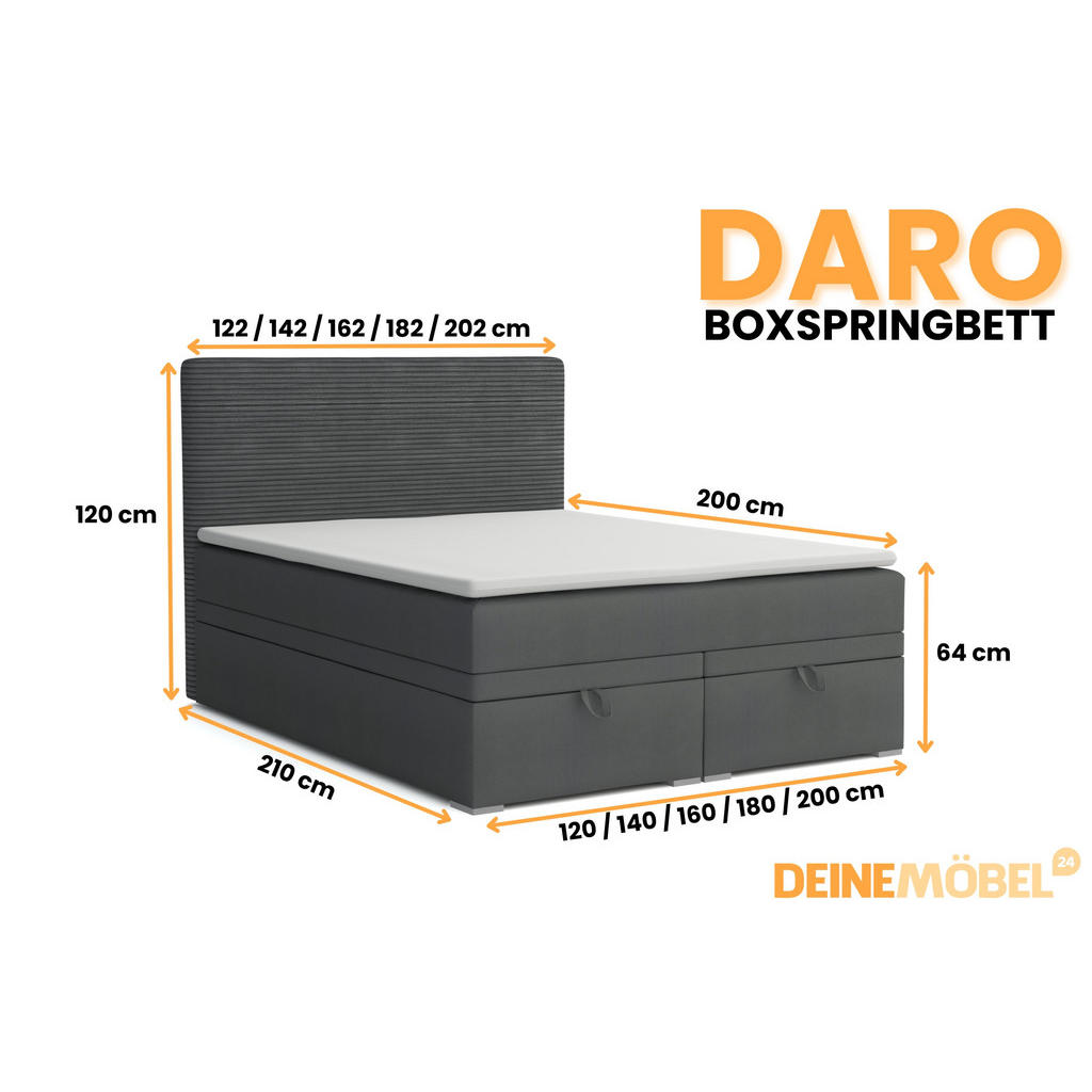 Thumbnail - Deine Möbel 24 Boxbett, Dunkelgrau, Textil, H4, Höhe ca. 19 cm, 140x200 cm, Schlafzimmer, Betten, Boxspringbetten