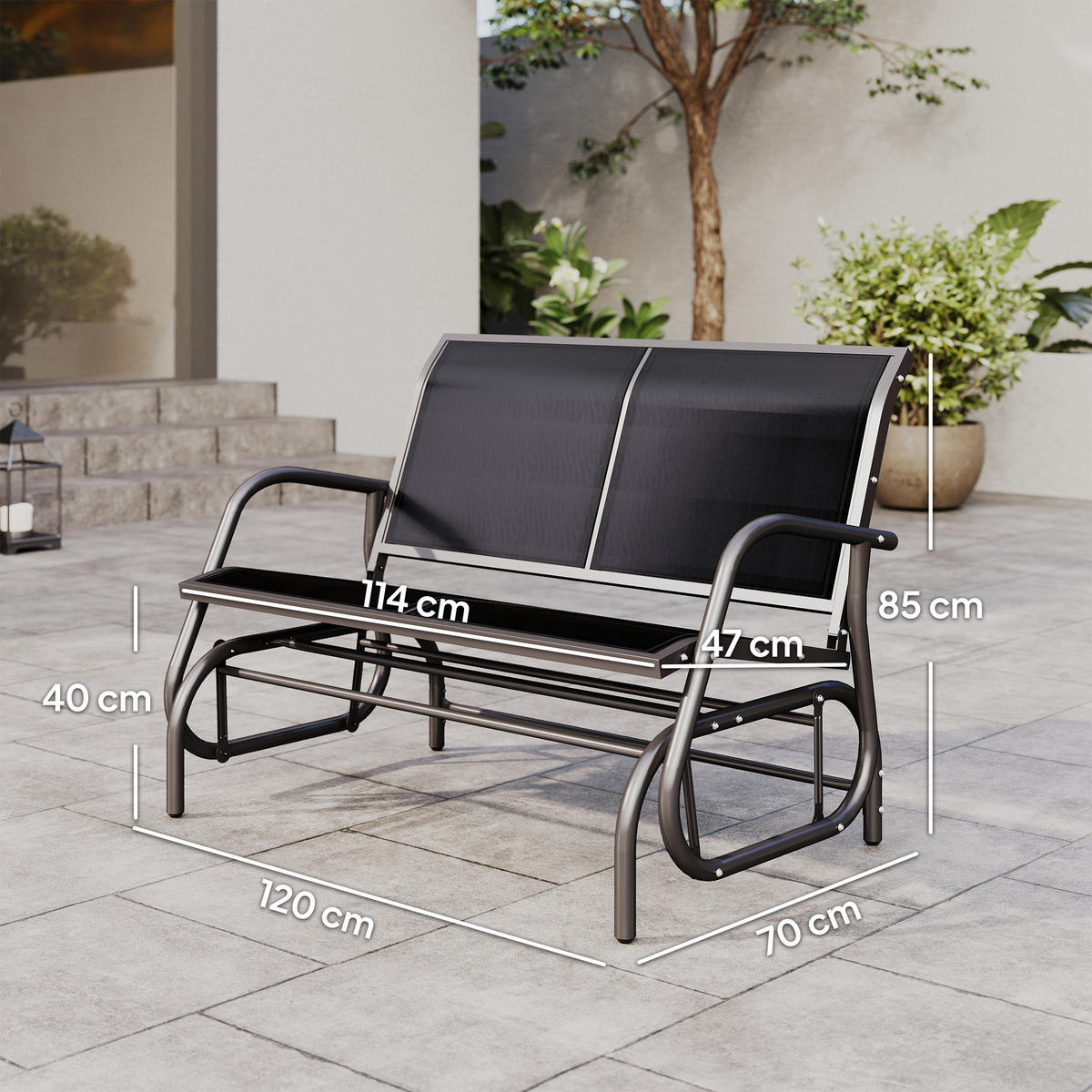2-SITZER SCHAUKELBANK DE-07081 mit Schaukelmechanismus, Netzstoff, Schwarz - Schwarz, Textil/Metall (120/85/70cm) - ComfortXL