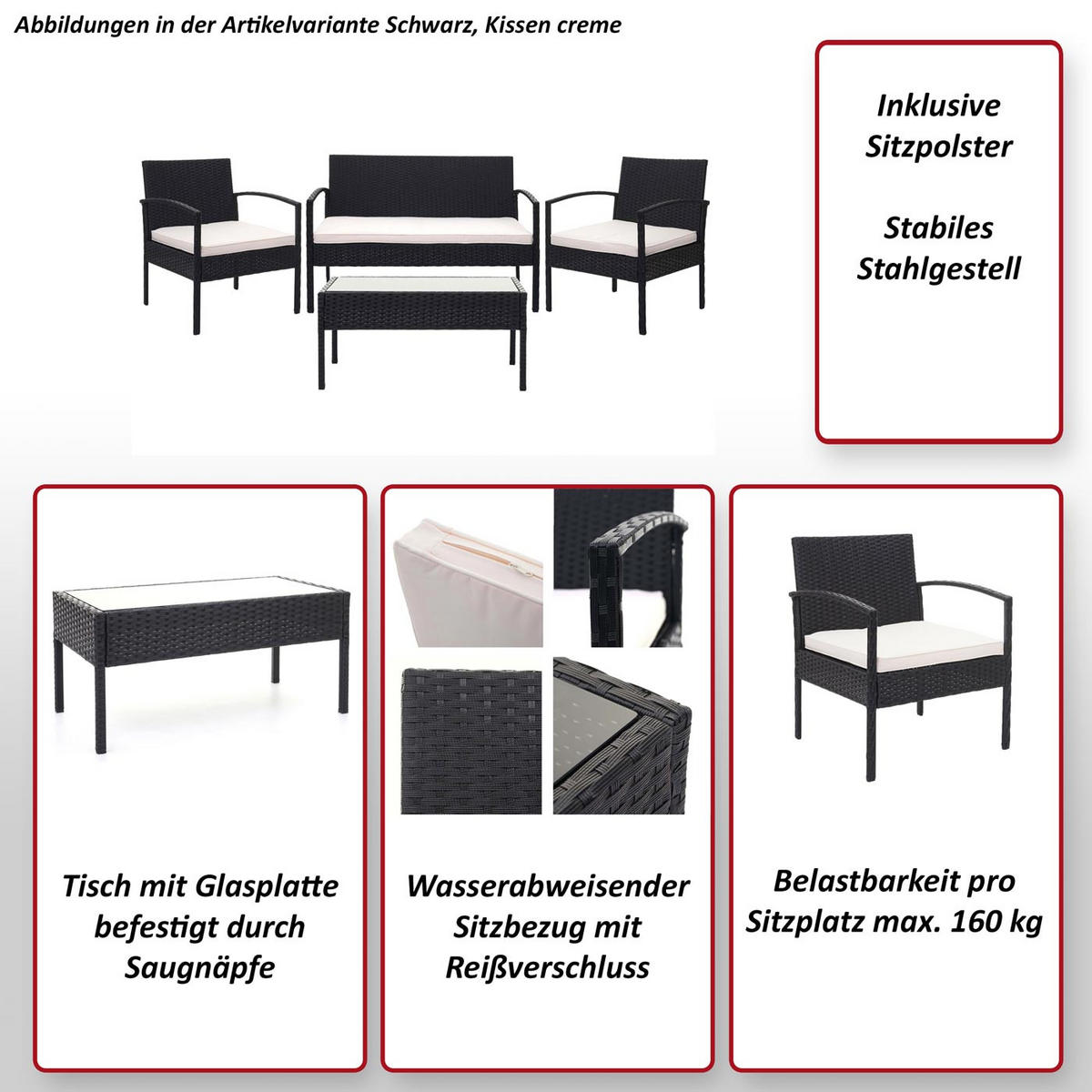 POLY-RATTAN GARNITUR Schwarz, Cremeweiß - Schwarz/Weiß, Kunststoff - MCW