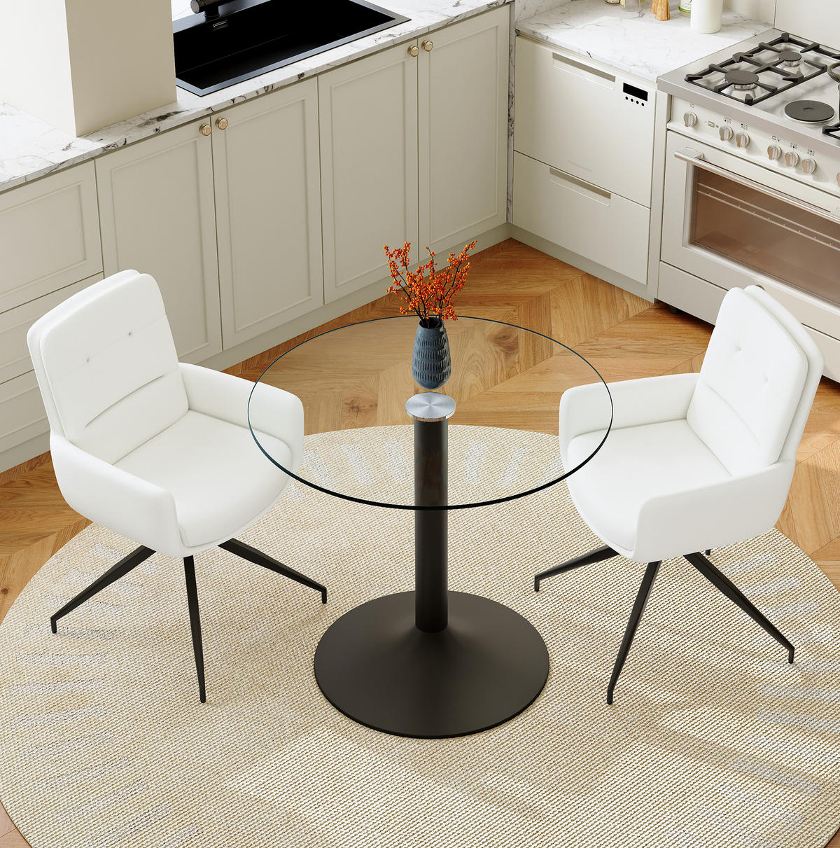 ESSZIMMERTISCH-SET mit 2 Stühlen 85 cm Glas Schwarz/Weiß - Schwarz, Metall (85/76/85cm) - Meubliv