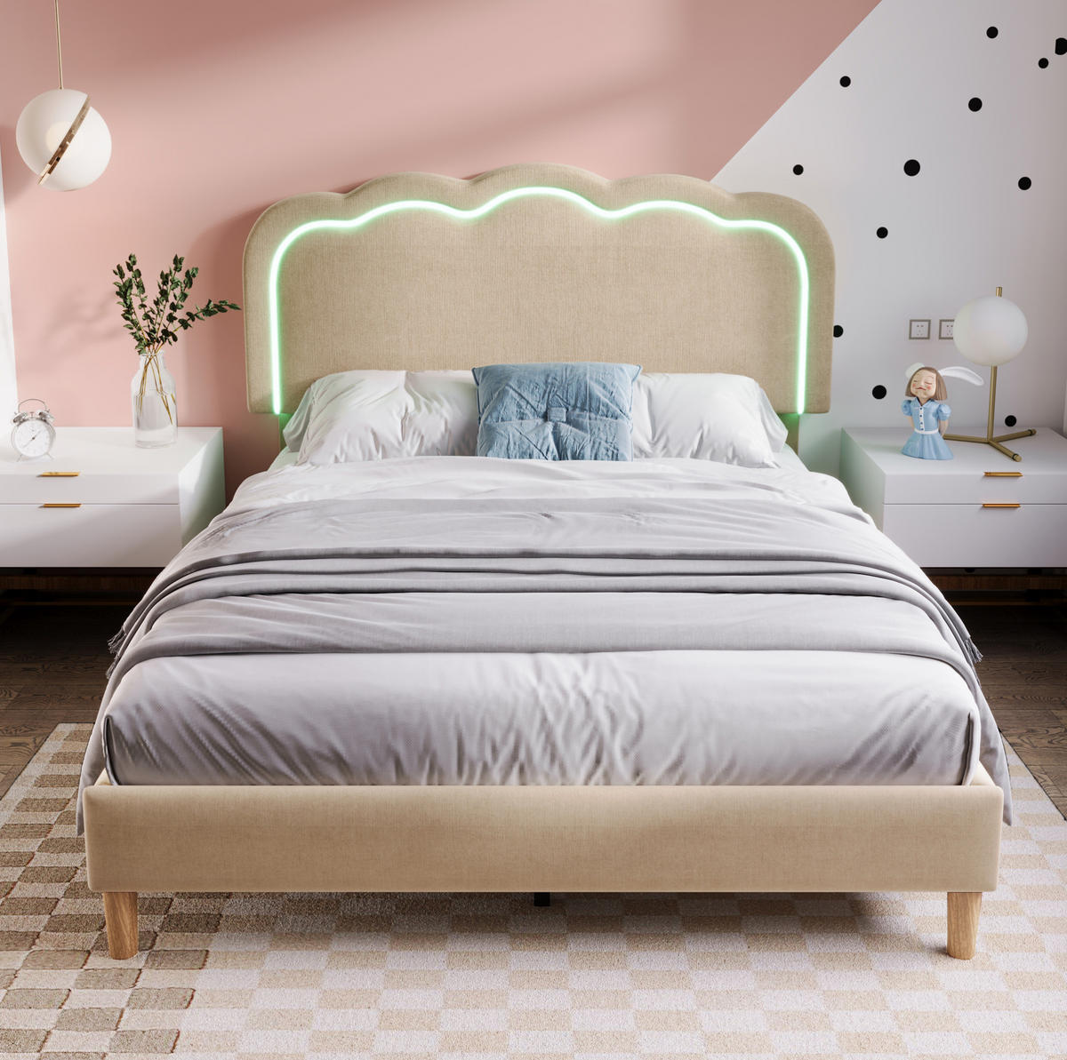 POLSTERBETT mit LED und verstellbarem Kopfteil 140x200 cm Leinen Beige - Beige, Metall (140/200cm) - Beauniv