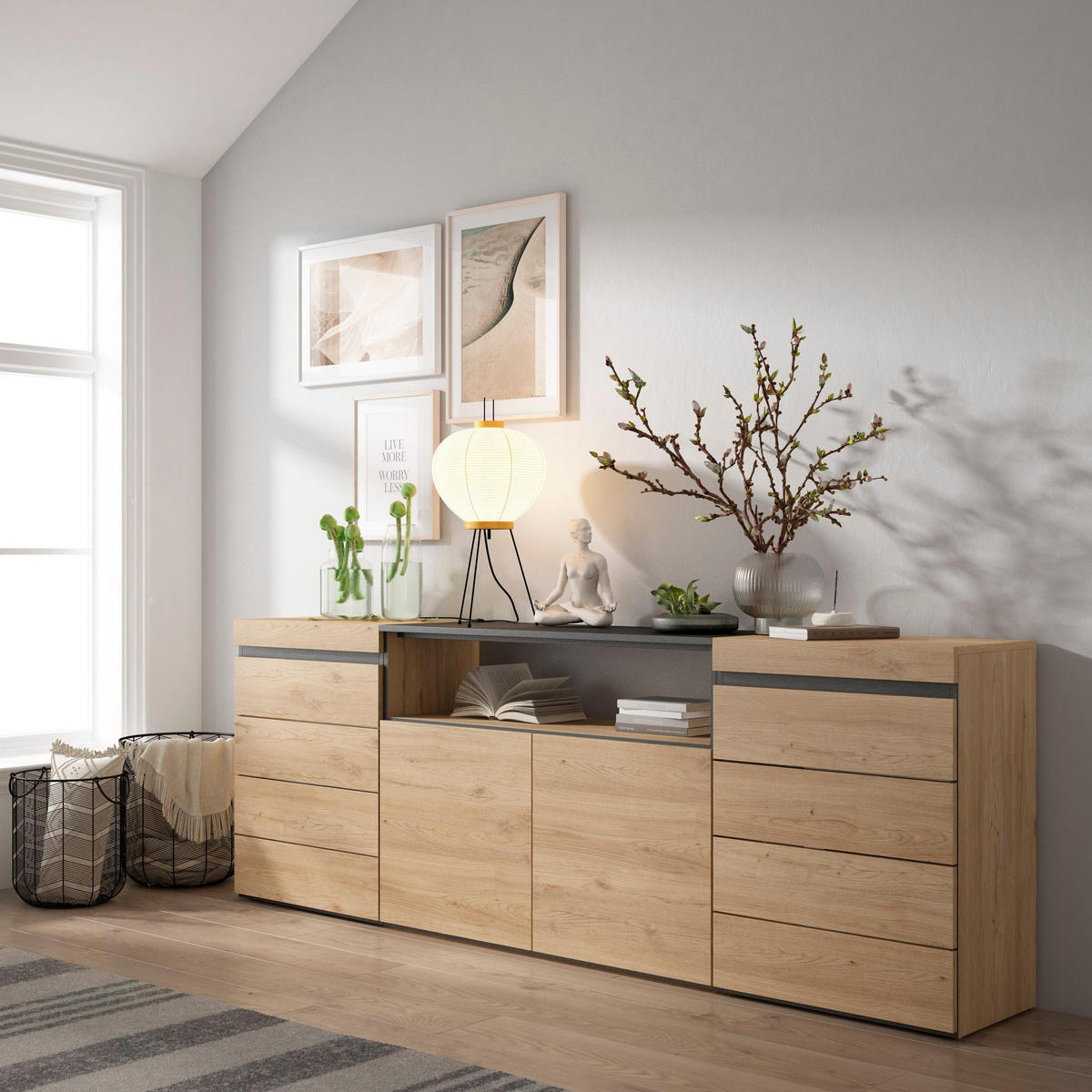 KOMMODE mit Schubladen, Sideboard Schrank, eiche, 214/35/75 cm - Eichefarben/Beige, Holzwerkstoff (35/75/214cm) - Skraut Home