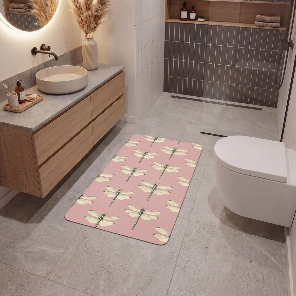 KÚPEĽŇOVÁ PREDLOŽKA Zvončeky - vzor - ružová 60x90 cm - ružová, textil/plast (60/90cm) - OnlyWow