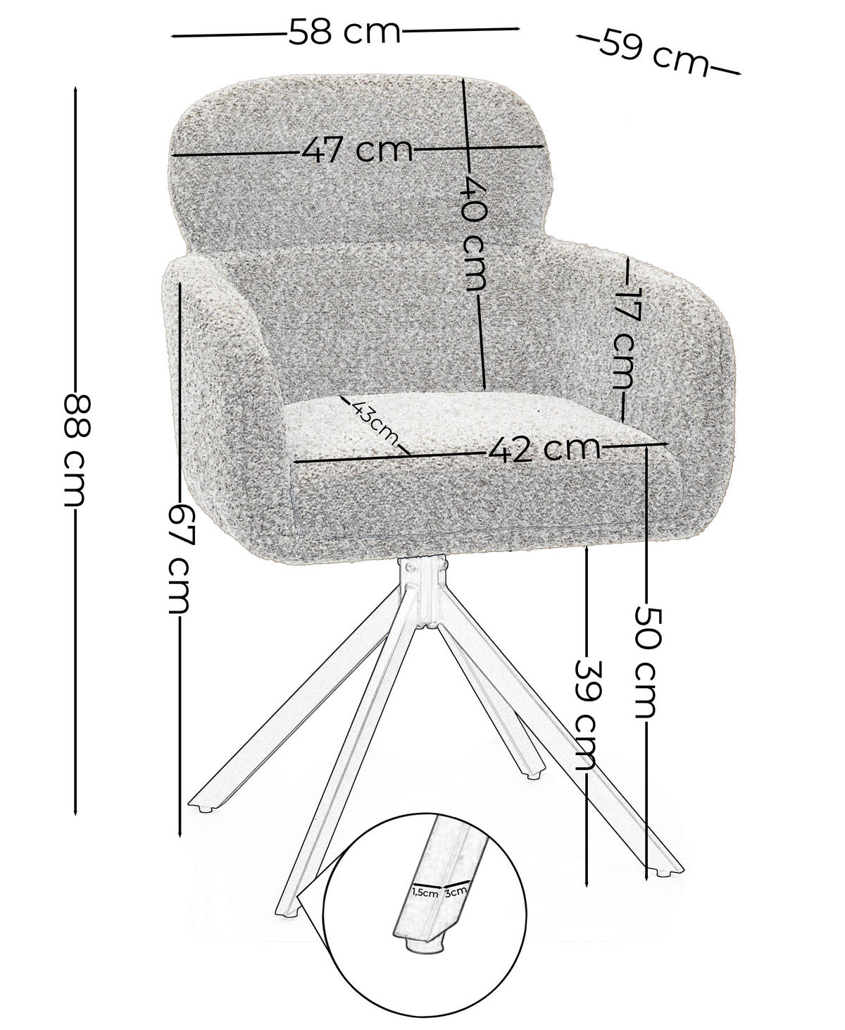 STUHL BIONE drehbar gepolsterter mit Steppung - creme - Boucle - Creme/Schwarz, Textil/Metall (58/88/59cm) - NEW HOME
