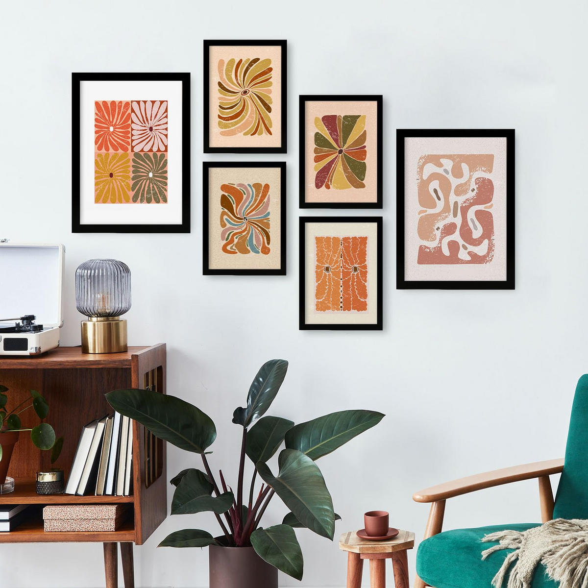 POSTER Set Mit 6 abstrakte ethnische Blume Größe A3 & A4 Schwarzer Rahmen - Schwarz, Papier (29.7/1cm) - Nacnic