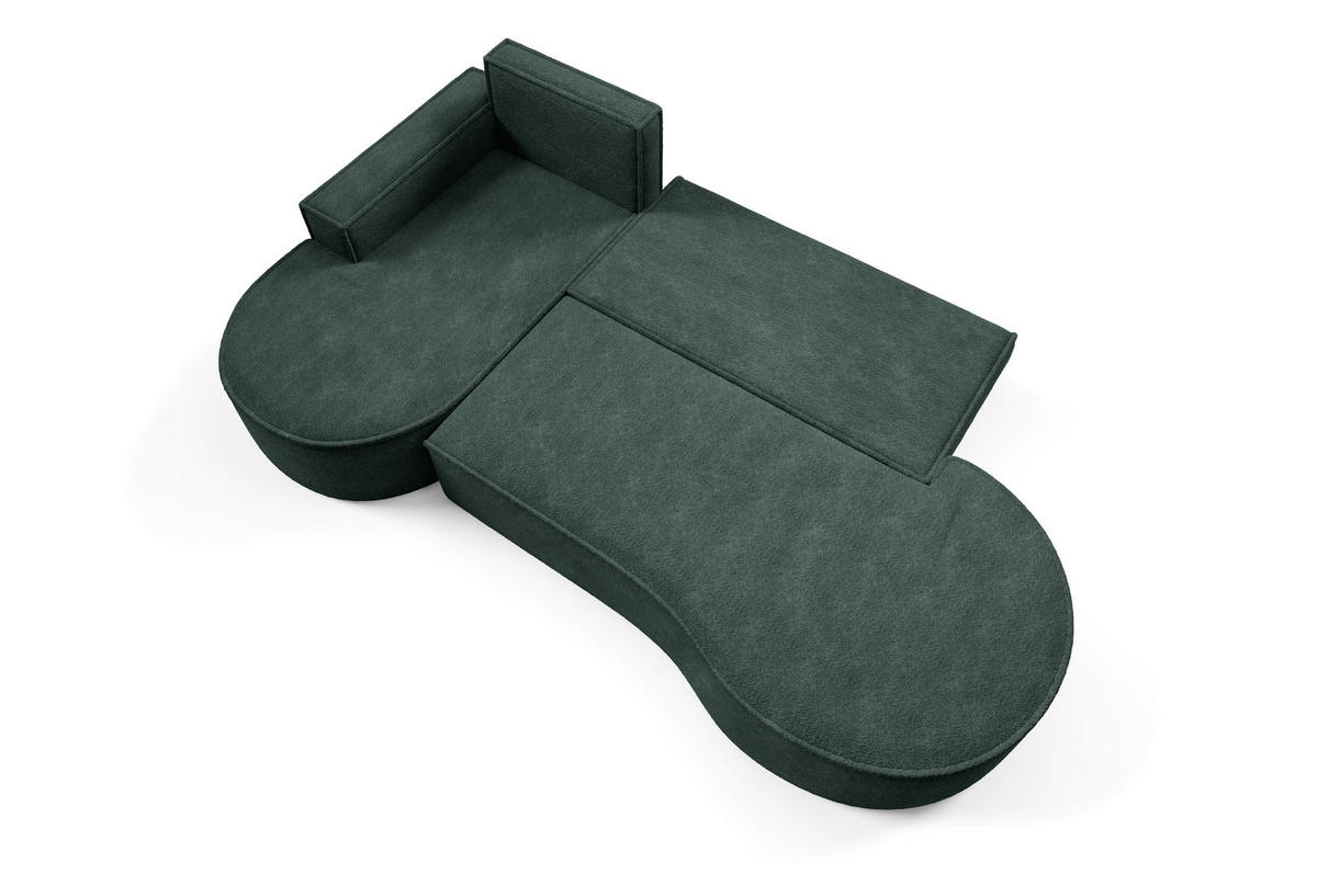 ECKSOFA MOLLY mit Schlaffunktion – Halbrund, freistehend, Liegefläche 140x207 cm, 3 Kissen, Abriamo-Stoff, 277x157x88 cm, Links Grün - Grün, Holz/Textil (157/277cm) - DomoHome