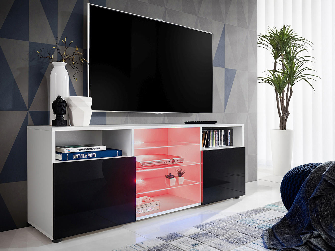 SIDEBOARD TV URBINO Weiß, LED Beleuchtung Mehrfarbige - Schwarz/Weiß, Glas/Holzwerkstoff (140/53/35cm) - Komodee