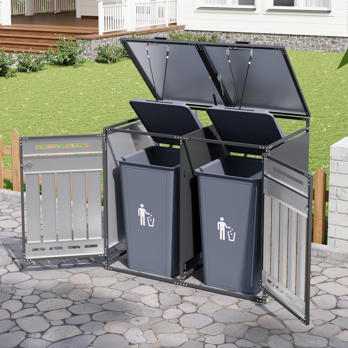 MÜLLTONNENBOX Hydraulik Deckel Holzoptik Schloss - Schwarz, Metall (131/116/79cm) - LEBENLANG