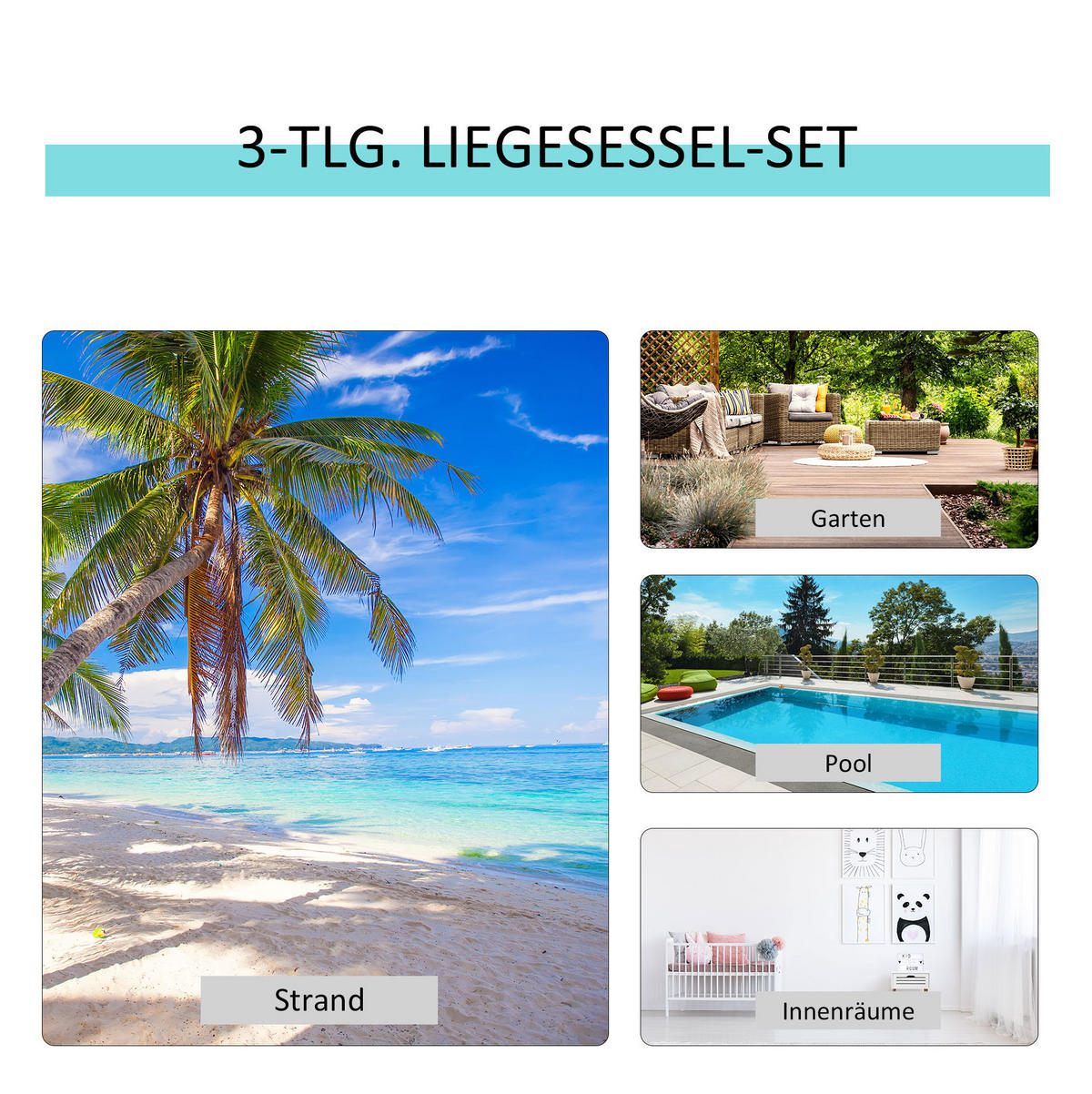 GARTENLIEGEN-SET 169/59/66 cm schwarz aus Metall 3-teilig mit Tisch - Schwarz, Metall - OKWISH