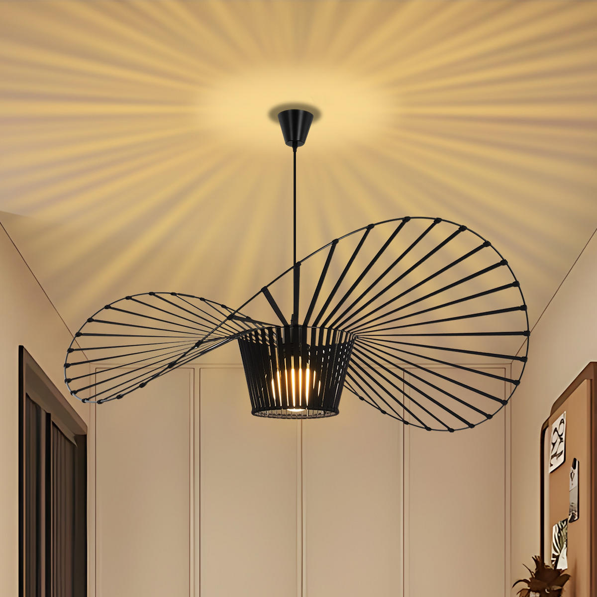 HÄNGELEUCHTE Strohhut 100/100/150 cm - Schwarz, Metall (100/100/150cm) - Nettlife