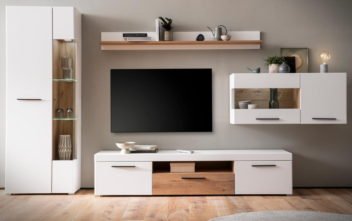 WOHNWAND weiß matt, Evoke Eiche, Wohnkombination 4-teilig, Soft-Close-Funktion - Eichefarben/Silberfarben, Glas/Holzwerkstoff (327/200/45cm)